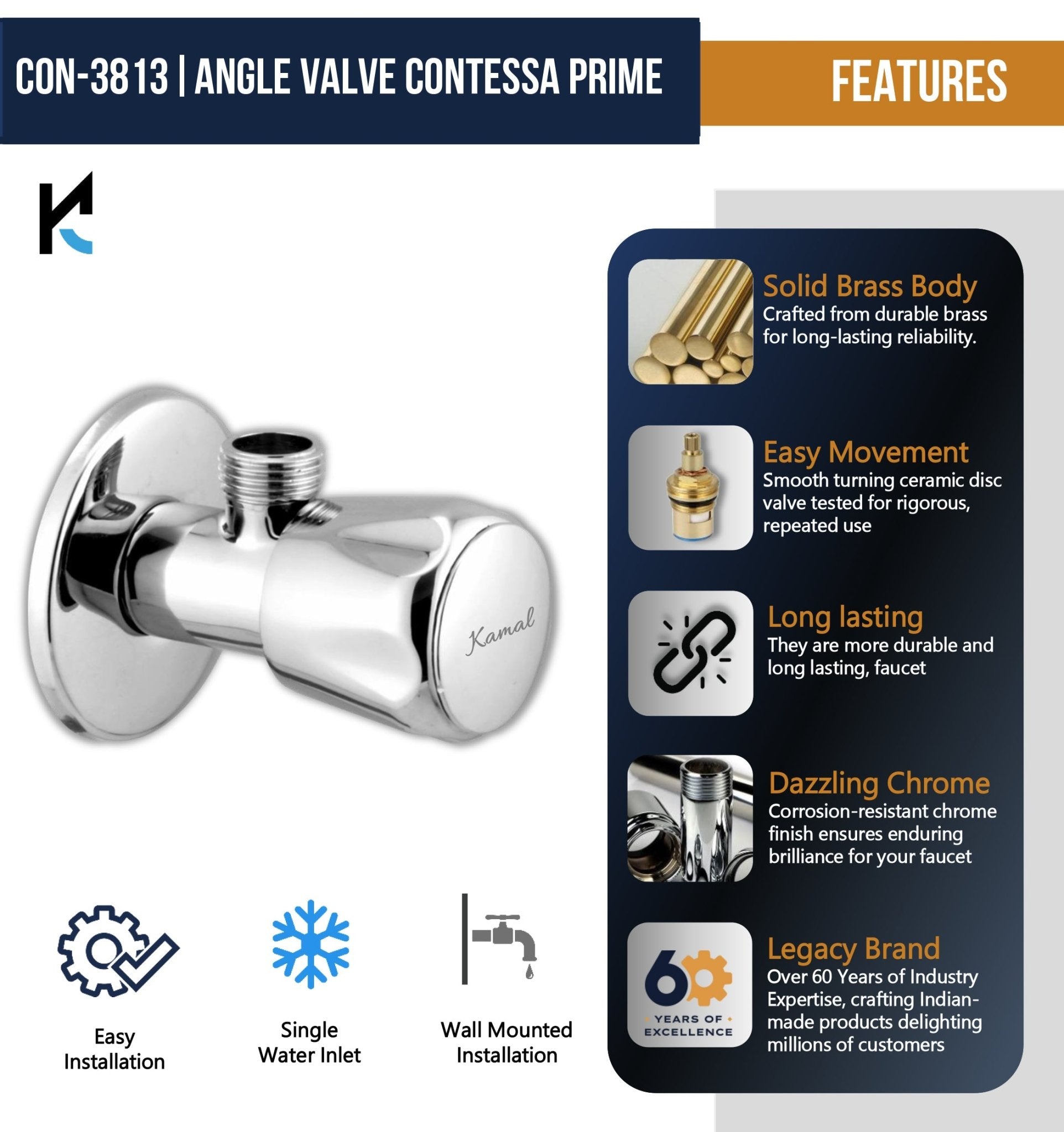 Contessa Prime Angle Valve (Full Brass) - by Kamal - Kamal Bathware
