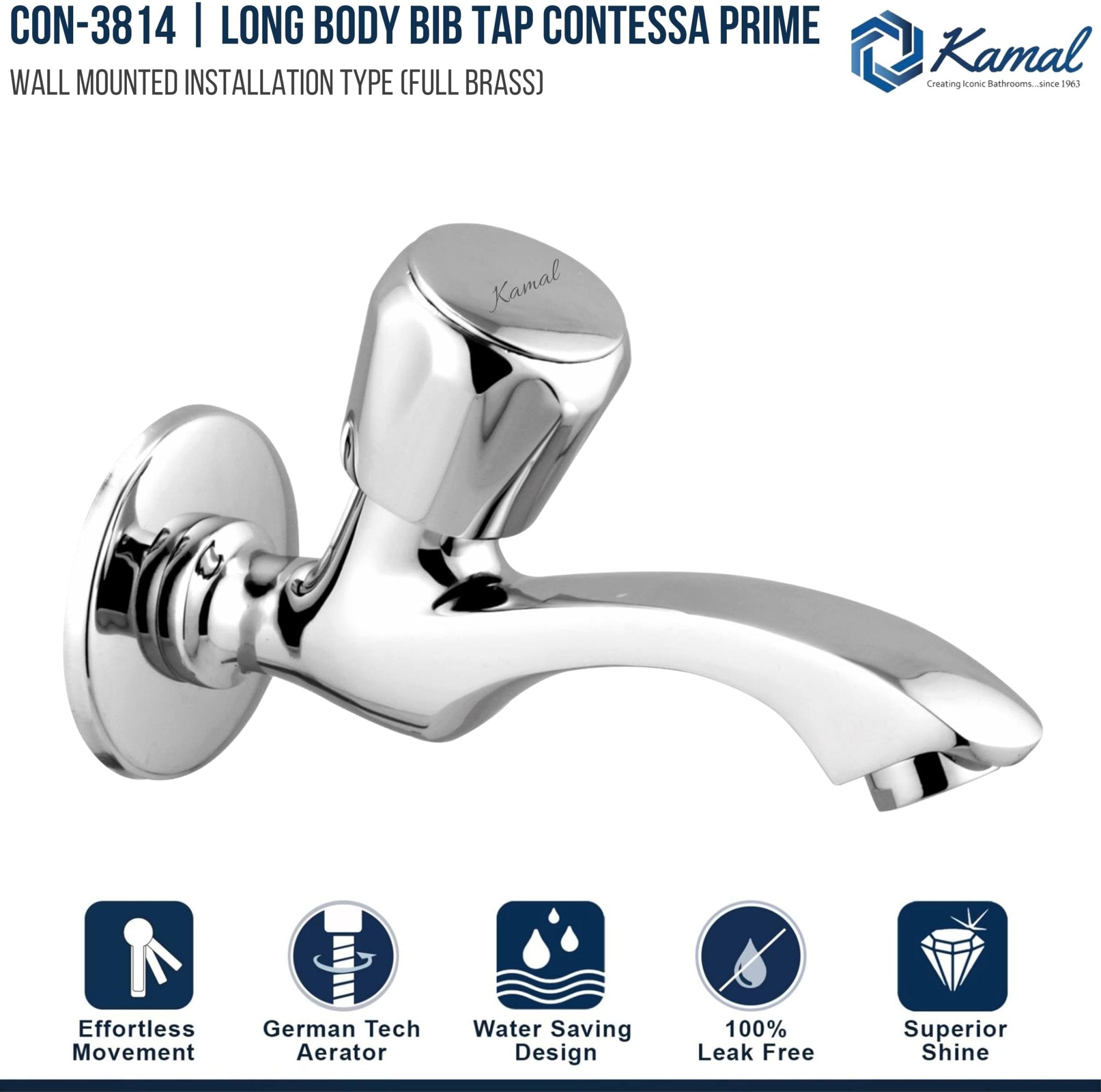 Contessa Prime Long Body Bib Tap (Full Brass) - by Kamal - Kamal Bathware