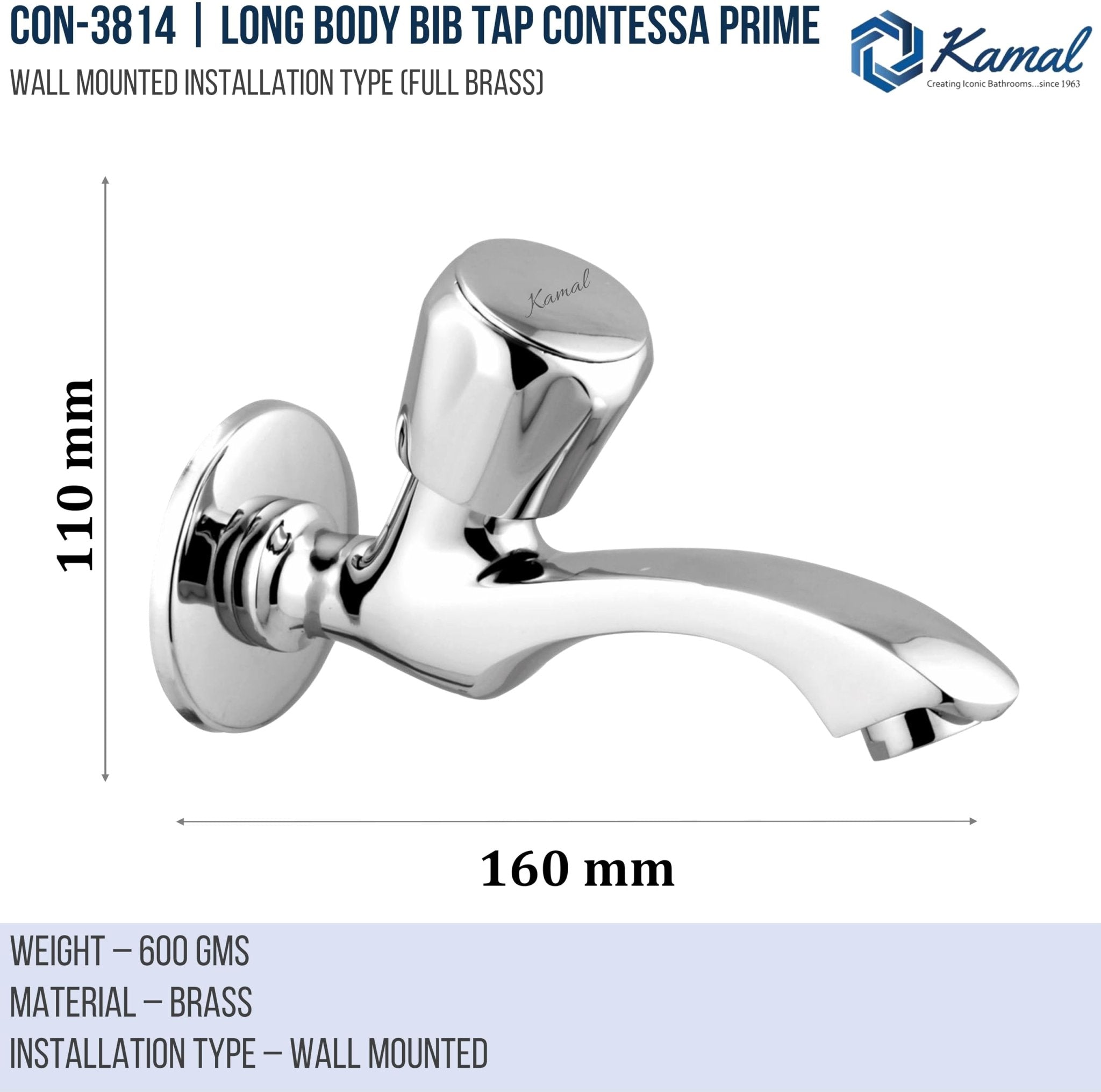 Contessa Prime Long Body Bib Tap (Full Brass) - by Kamal - Kamal Bathware