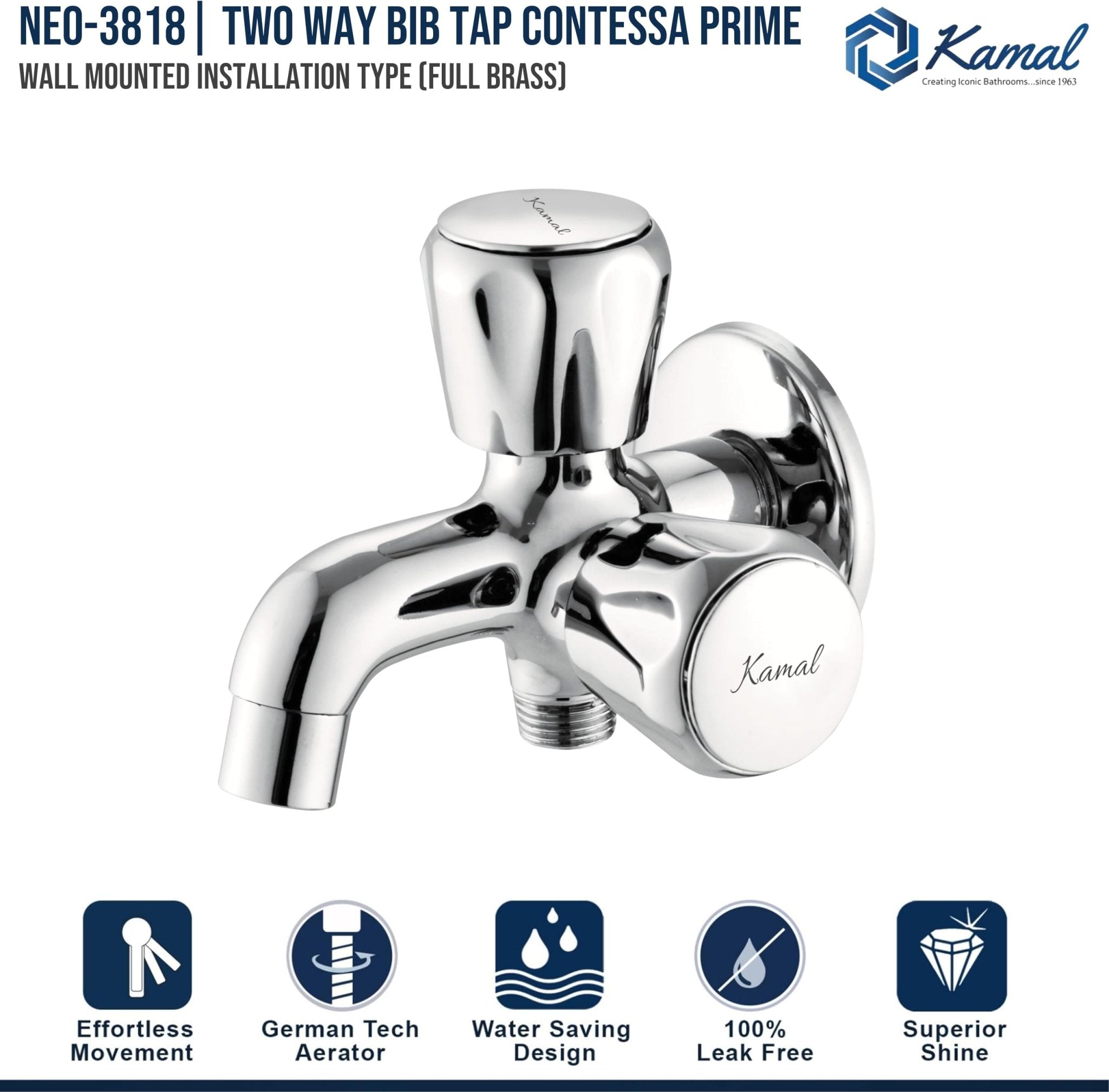 Contessa Prime Two Way Bib Tap (Full Brass) - by Kamal - Kamal Bathware