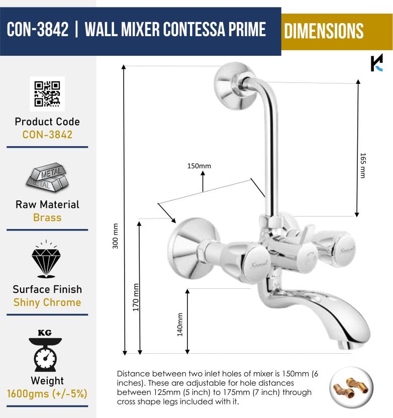 Contessa Prime Wall Mixer with L Bend Pipe (Full Brass) - by Kamal - Kamal Bathware