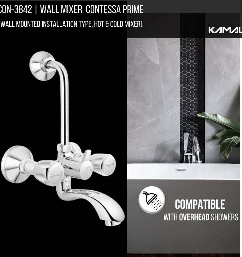 Contessa Prime Wall Mixer with L Bend Pipe (Full Brass) - by Kamal - Kamal Bathware