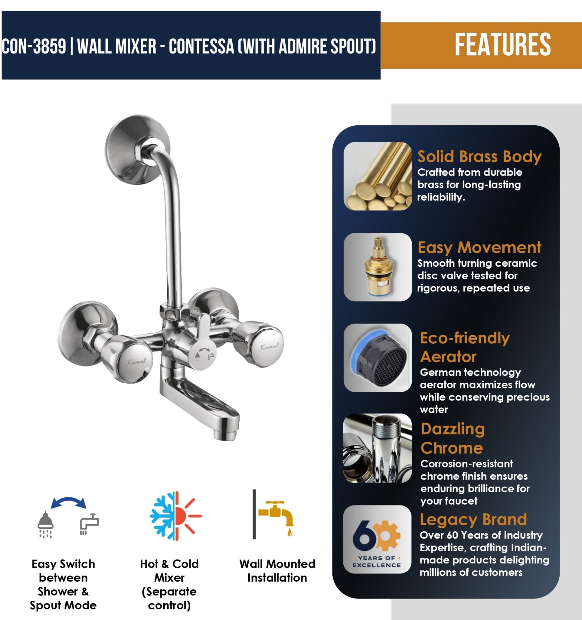 Contessa Wall Mixer with L bend Pipe Admire Spout (Full Brass) - by Kamal - Contessa - Kamal Bathware