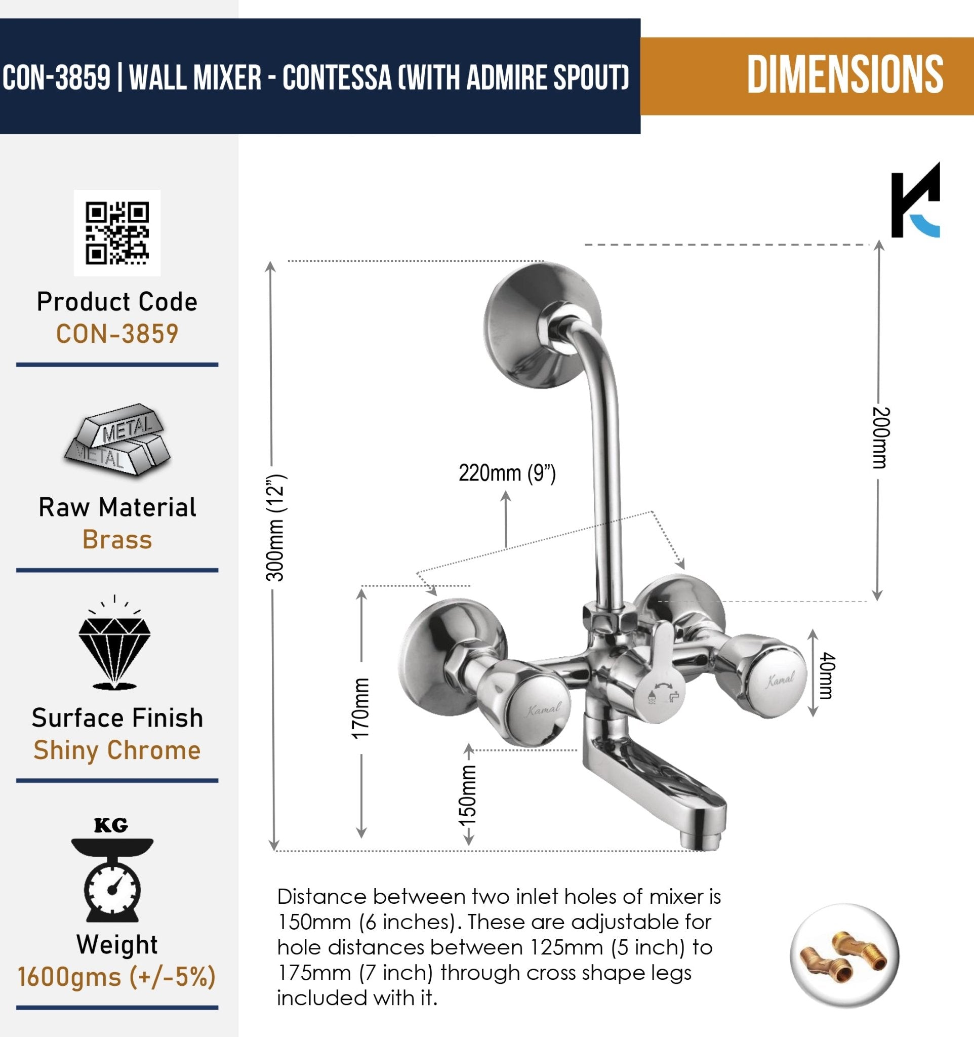 Contessa Wall Mixer with L bend Pipe Admire Spout (Full Brass) - by Kamal - Contessa - Kamal Bathware