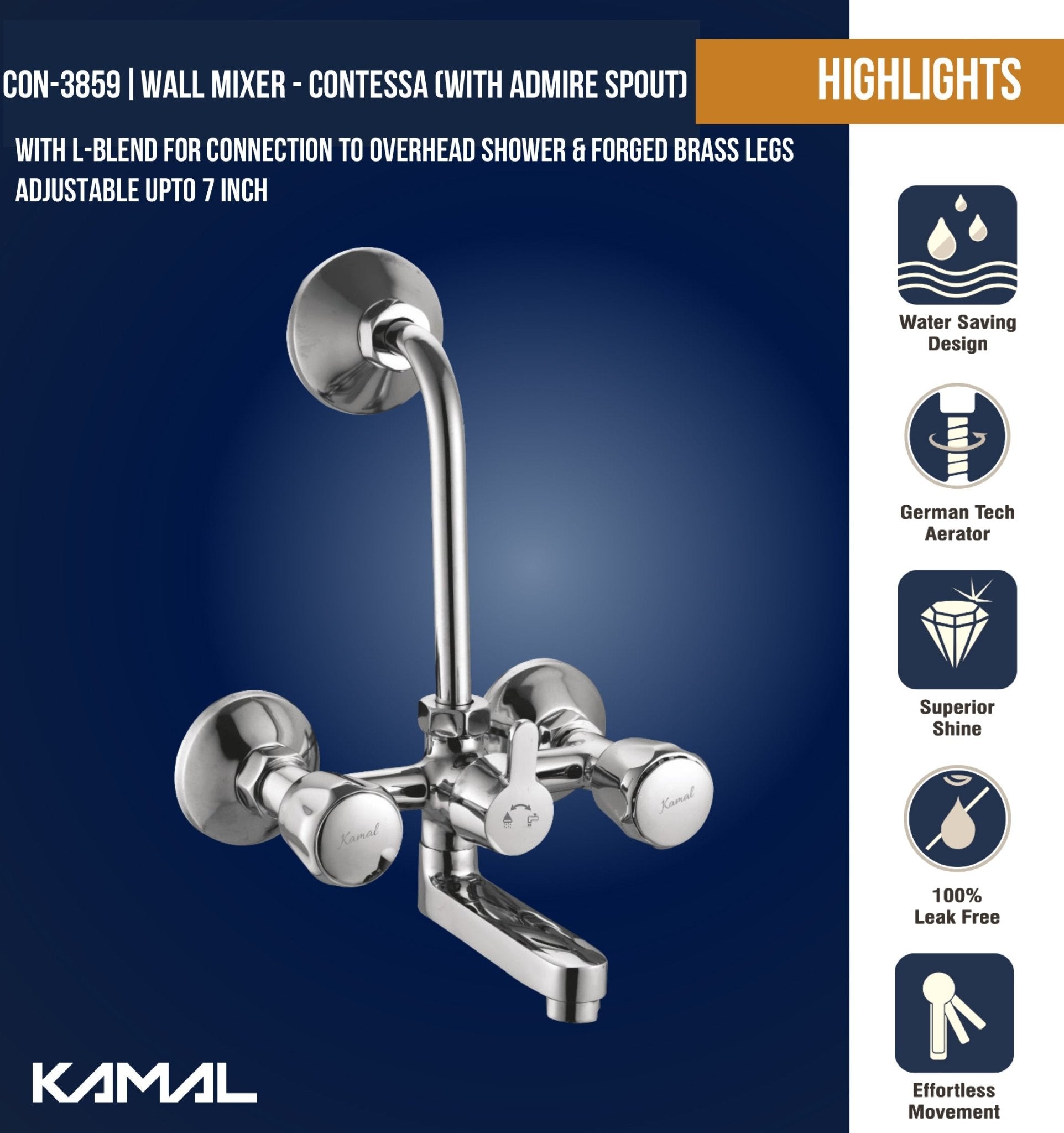 Contessa Wall Mixer with L bend Pipe Admire Spout (Full Brass) - by Kamal - Contessa - Kamal Bathware