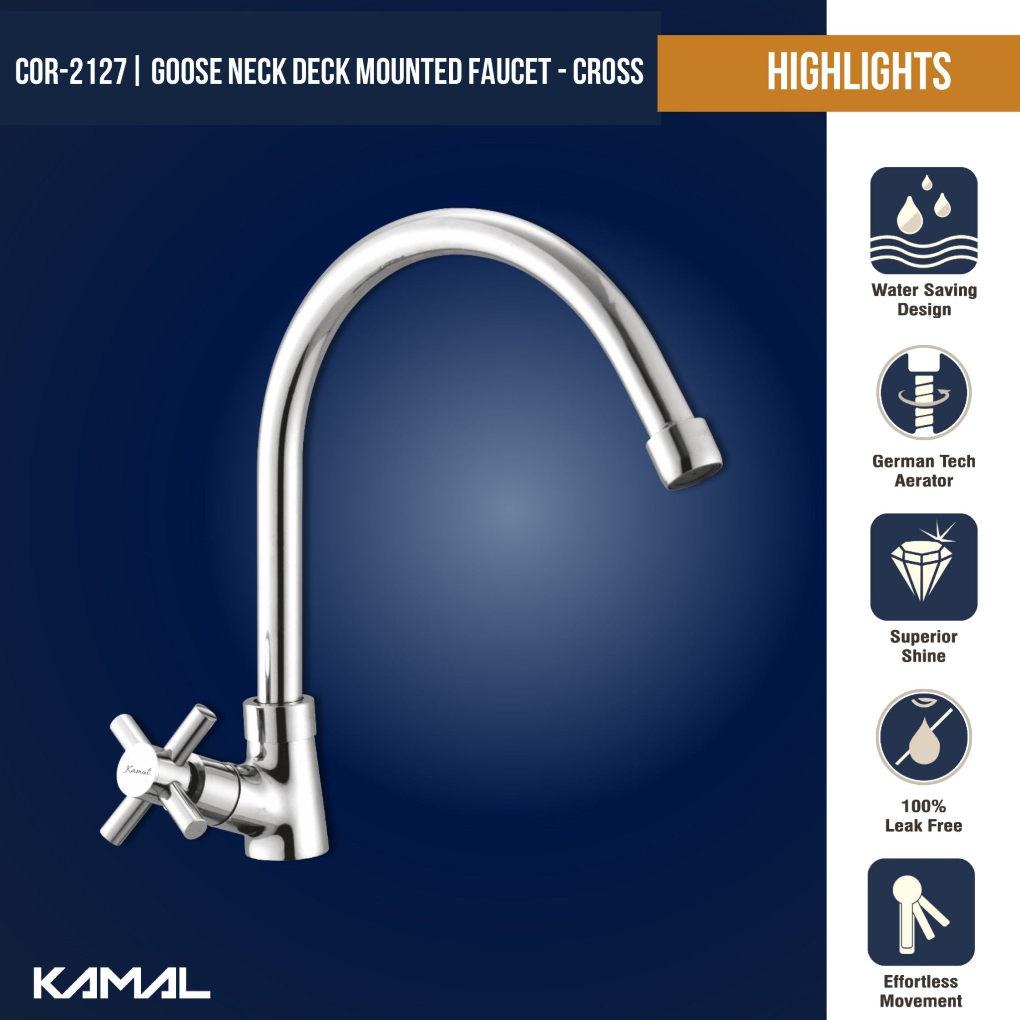 Cross C - Bend Spout Gosseneck Sink Faucet (Full Brass) - by Kamal - Cross - Kamal Bathware