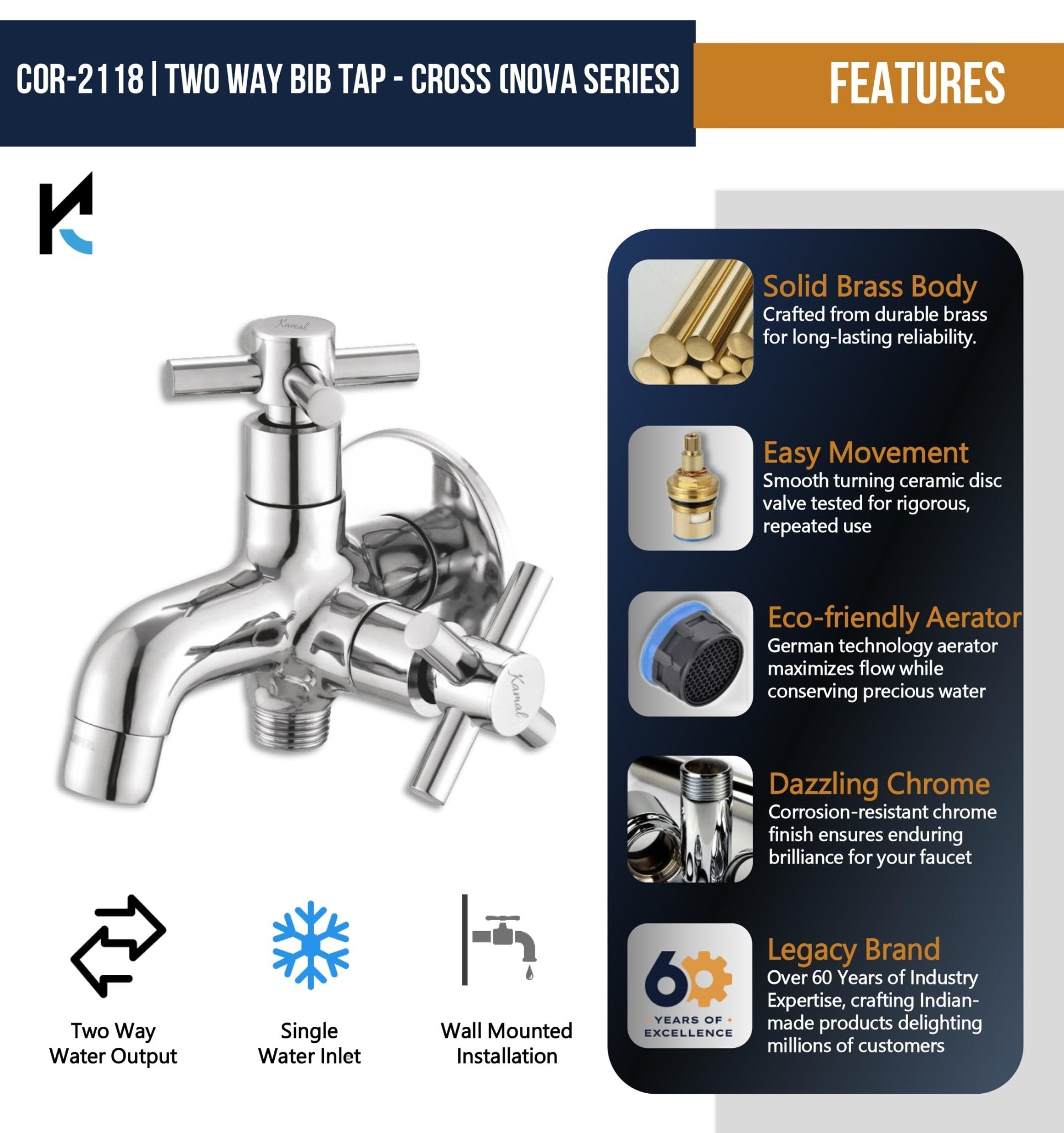 Cross Nova Series Two Way Bib Cock - by Kamal - Cross - Kamal Bathware