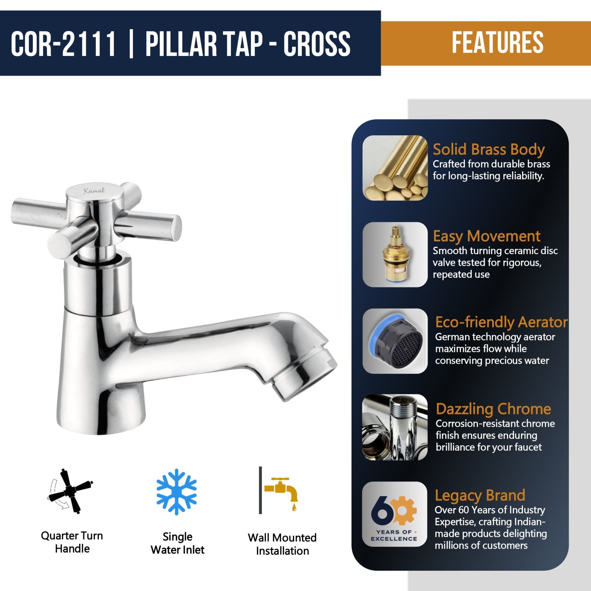 Cross Pillar Tap (Full Brass) - by Kamal - Cross - Kamal Bathware