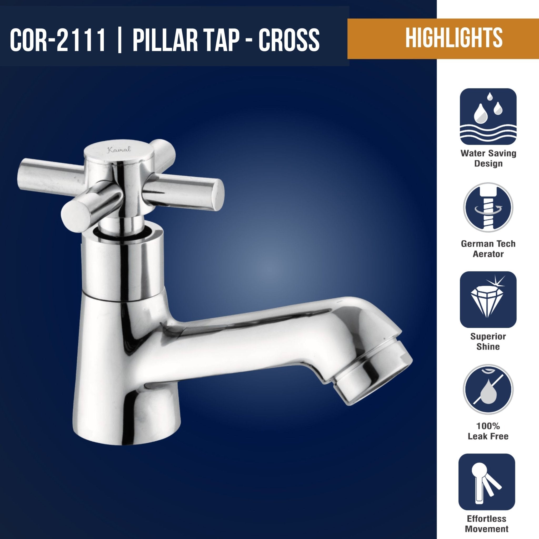 Cross Pillar Tap (Full Brass) - by Kamal - Cross - Kamal Bathware