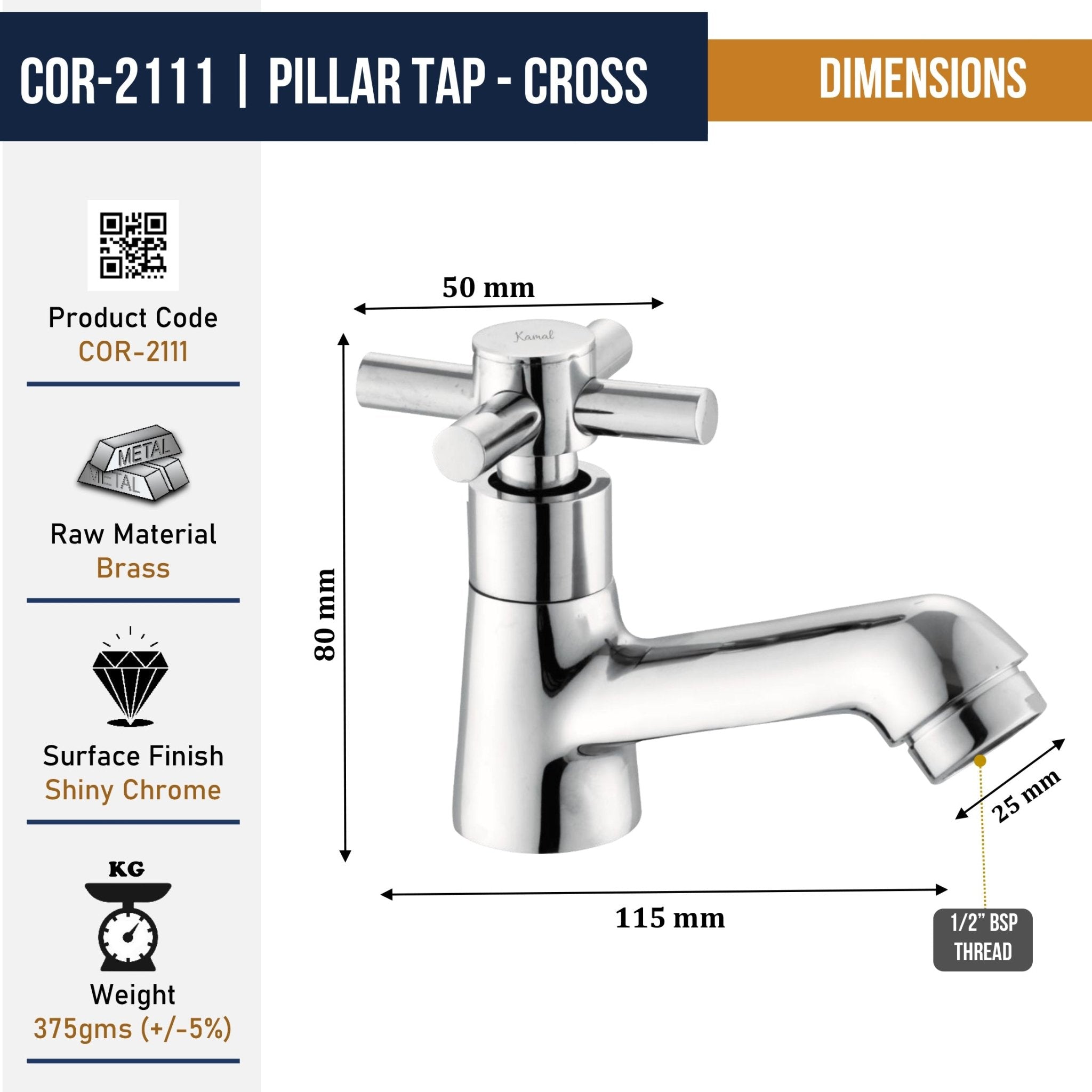 Cross Pillar Tap (Full Brass) - by Kamal - Cross - Kamal Bathware