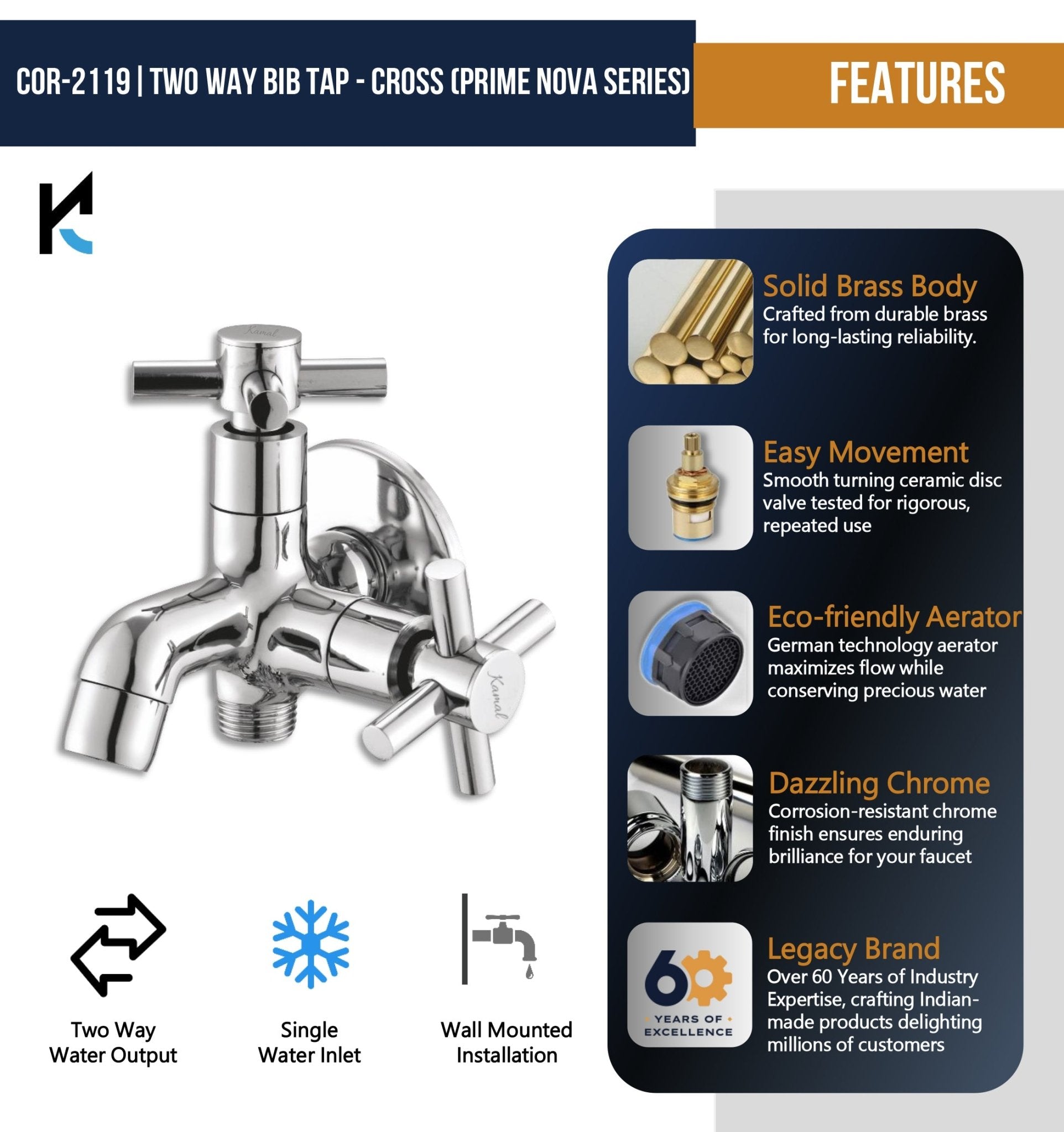 Cross Prime Nova Series Two in One Bib Tap (Full Brass) - by Kamal - Cross Prime Nova - Kamal Bathware