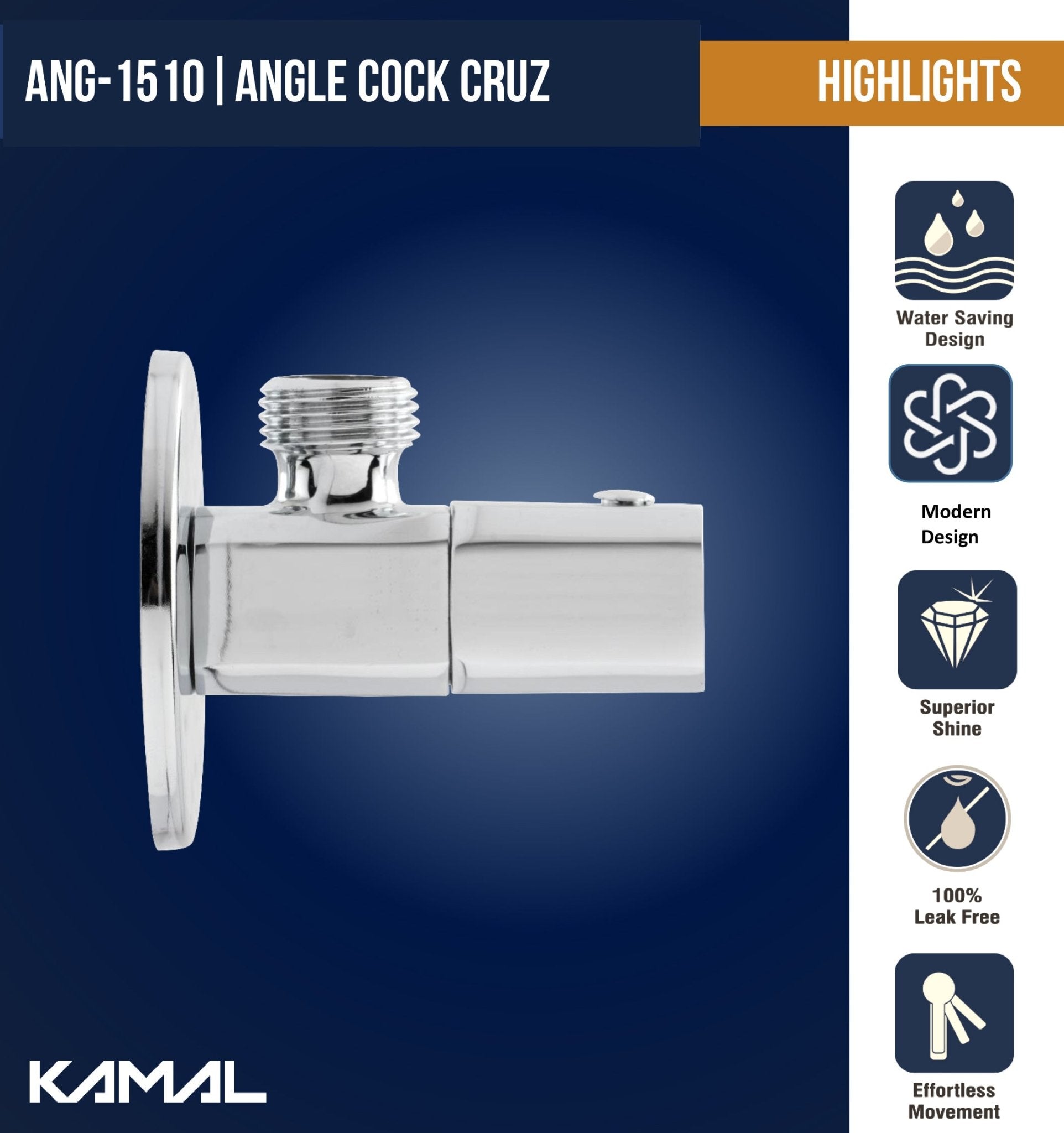 Cruz Premium Full Brass Angle Cock with Wall Flange (Full Brass) - by Kamal - Kamal Bathware