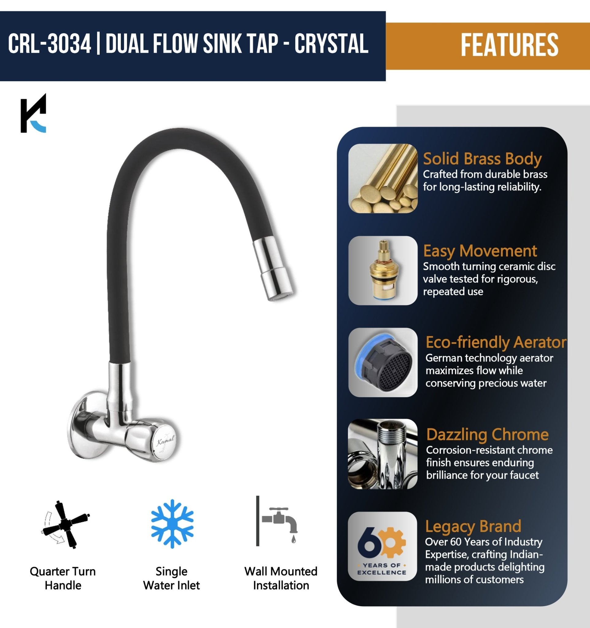 Crystal Dual Flow Sink Tap – by Kamal - Crystal - Kamal Bathware
