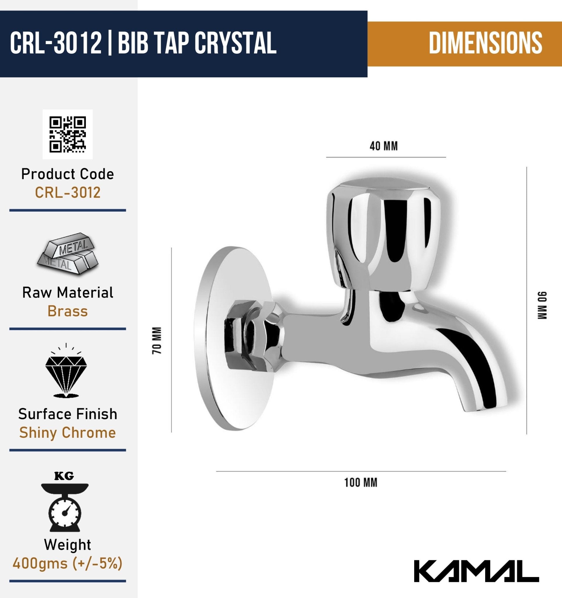 Crystal Full Brass Bib Cock (Full Brass) - by Kamal - Crystal - Kamal Bathware