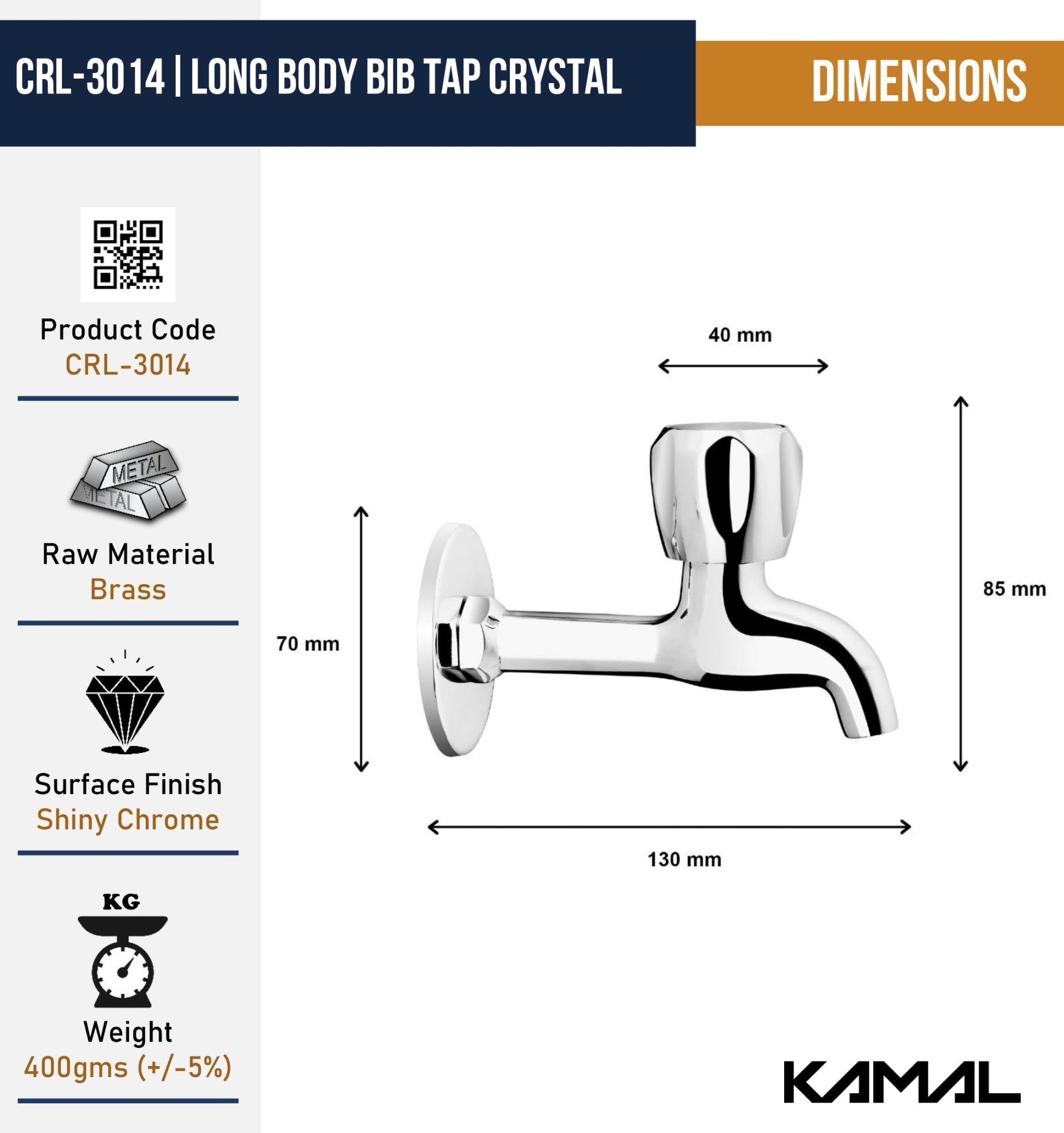 Crystal Full Brass Long Body Bib Cock Tap (Full Brass) - by Kamal - Crystal - Kamal Bathware