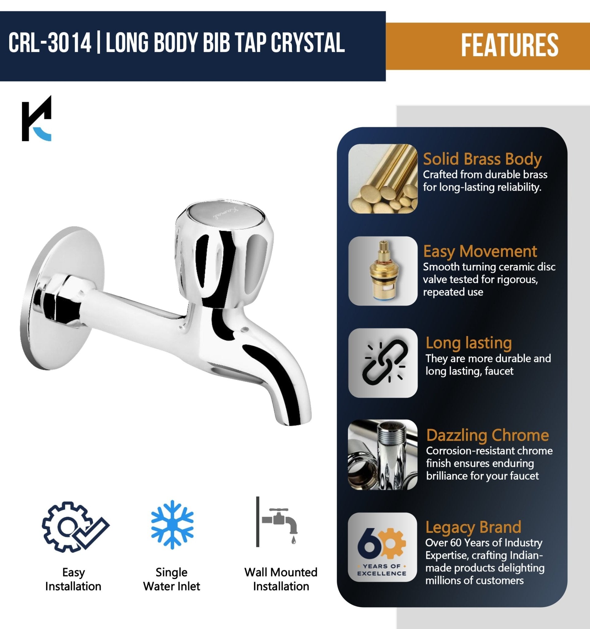 Crystal Full Brass Long Body Bib Cock Tap (Full Brass) - by Kamal - Crystal - Kamal Bathware