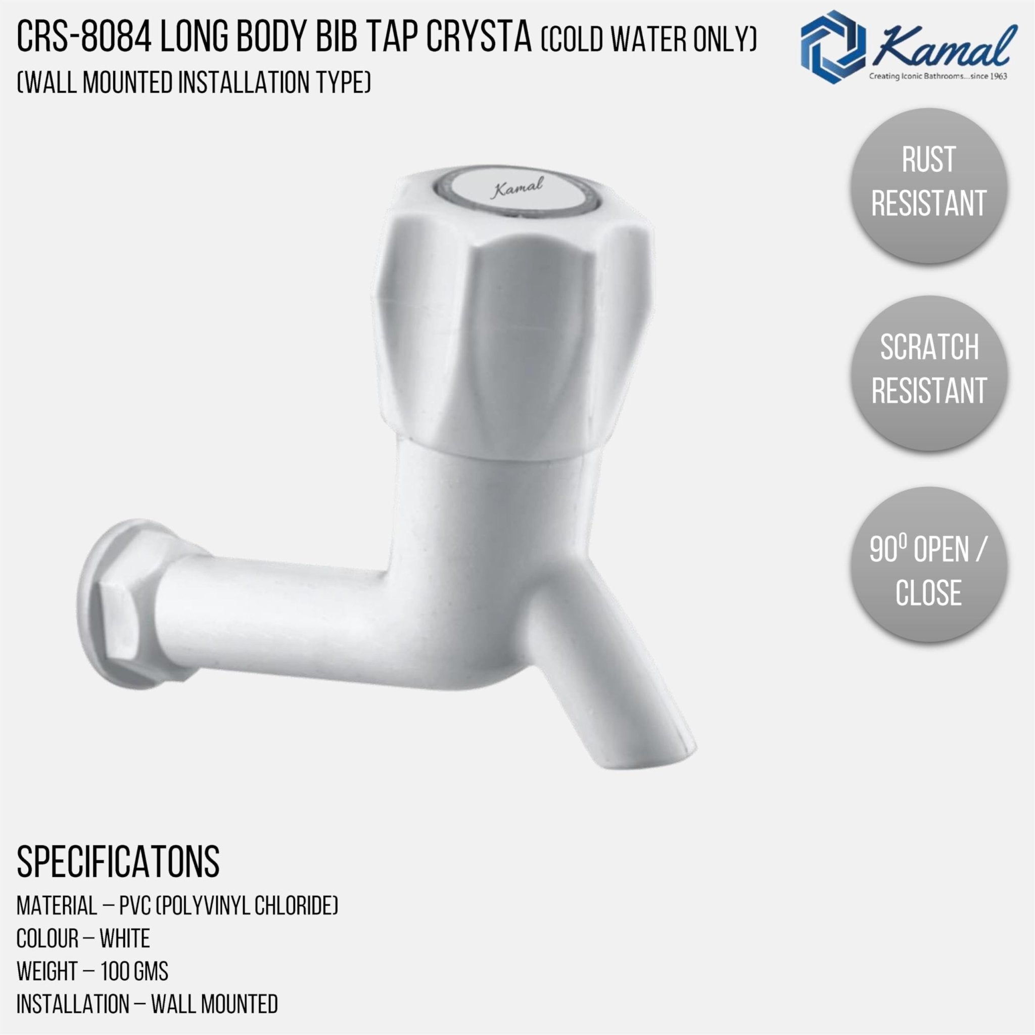 Crystal Long Body Bib Tap (PTMT Plastic) - by Kamal - Kamal Bathware
