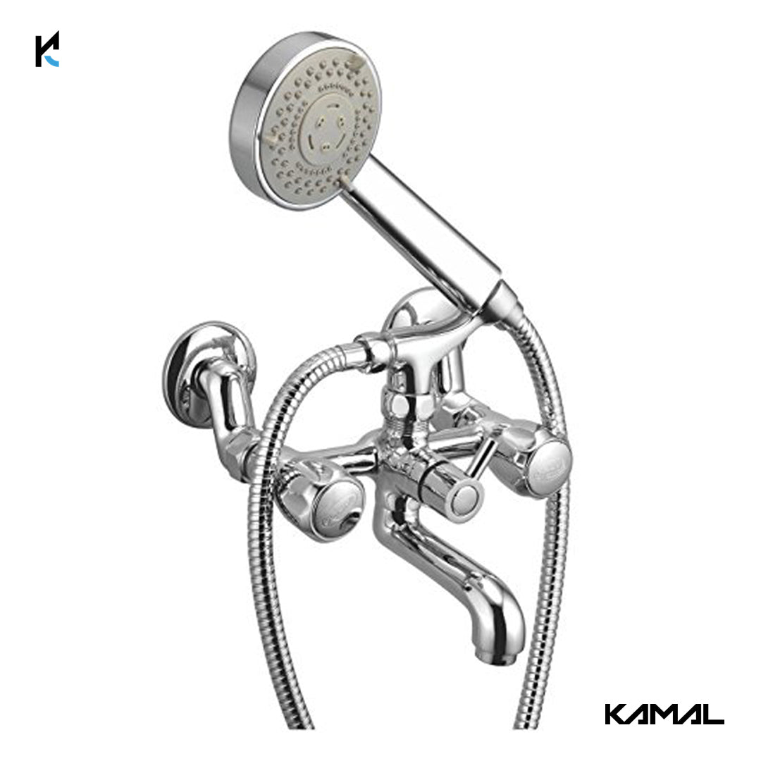 Crystal Telephonic Wall Mixer with Crutch & Hand Shower (Full Brass) - by Kamal - Kamal Bathware