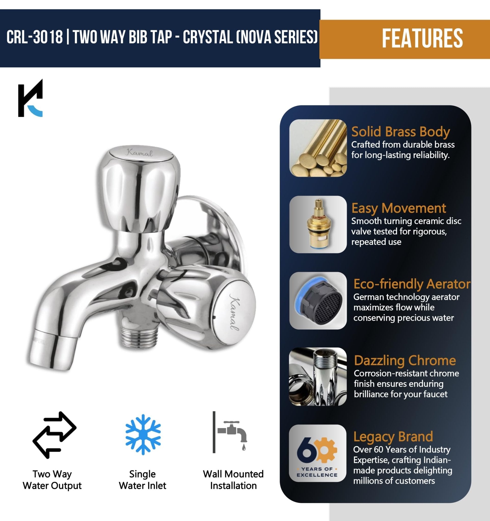 Crystal Two Way Bib Tap (Full Brass)- by Kamal - Kamal Bathware