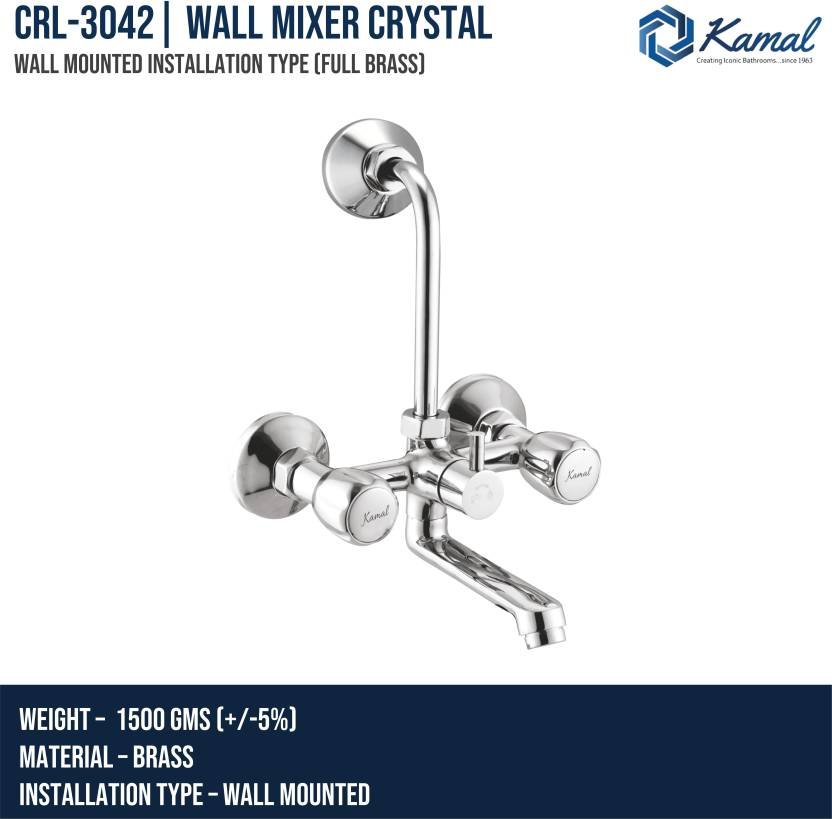 Crystal Wall Mixer with L Bend Pipe (Full Brass) - by Kamal - Kamal Bathware