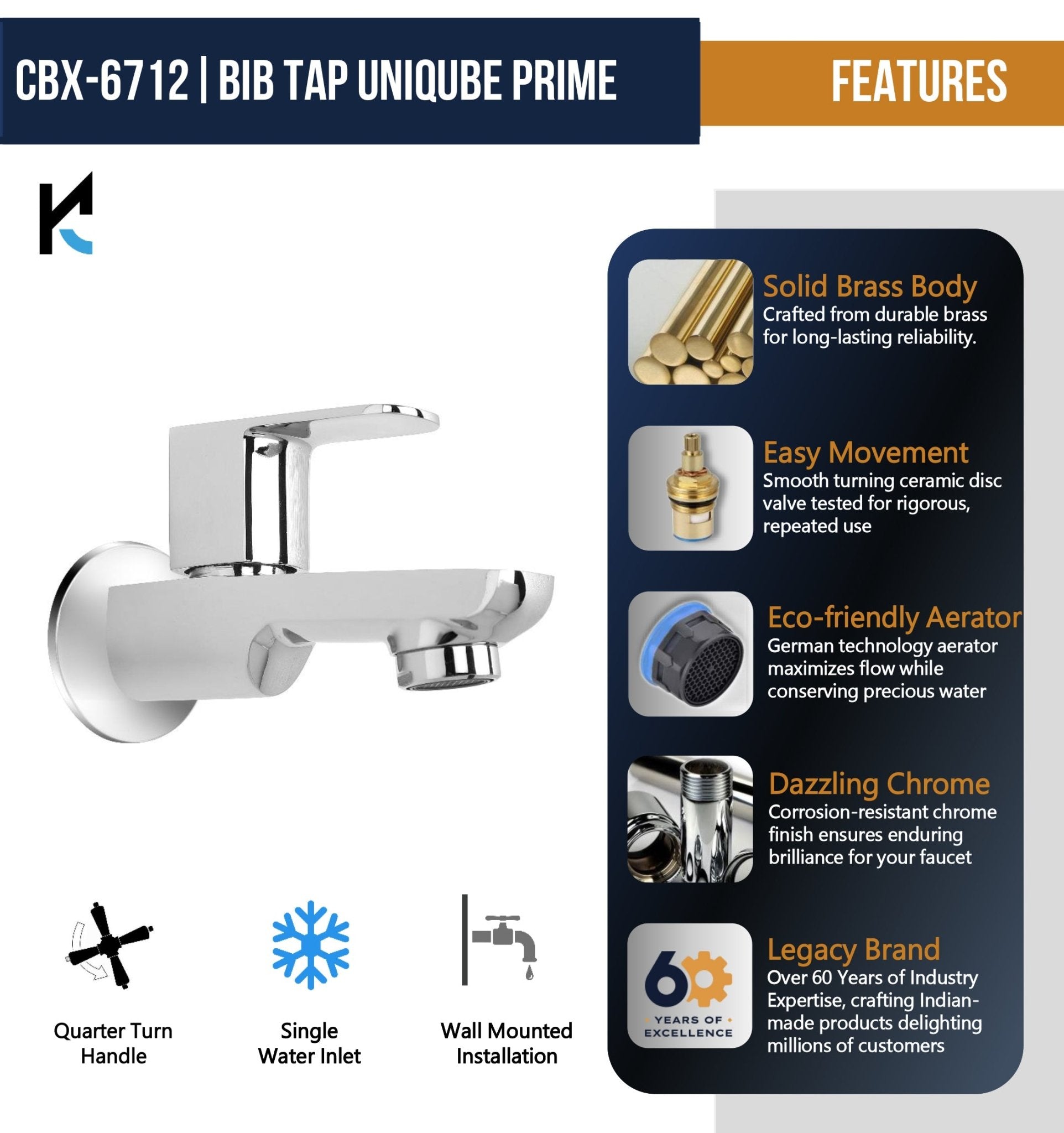 Cubix Prime Bib Tap (Full Brass) - by Kamal - Kamal Bathware