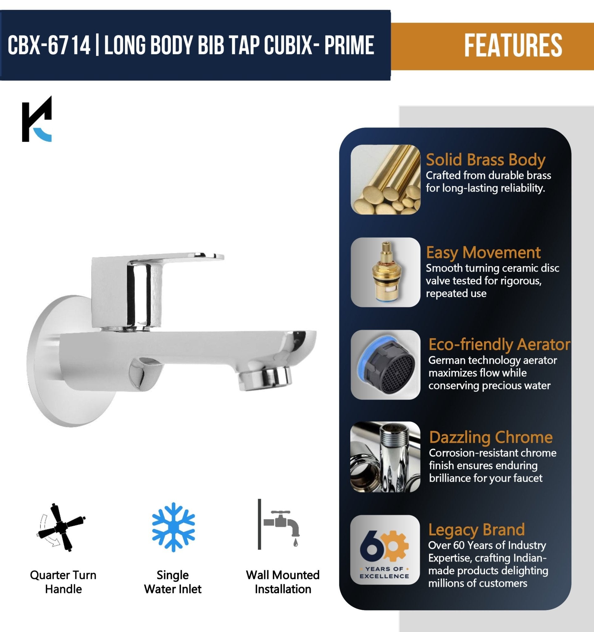 Cubix Prime Long Body Bib Tap (Full Brass) - by Kamal - Kamal Bathware