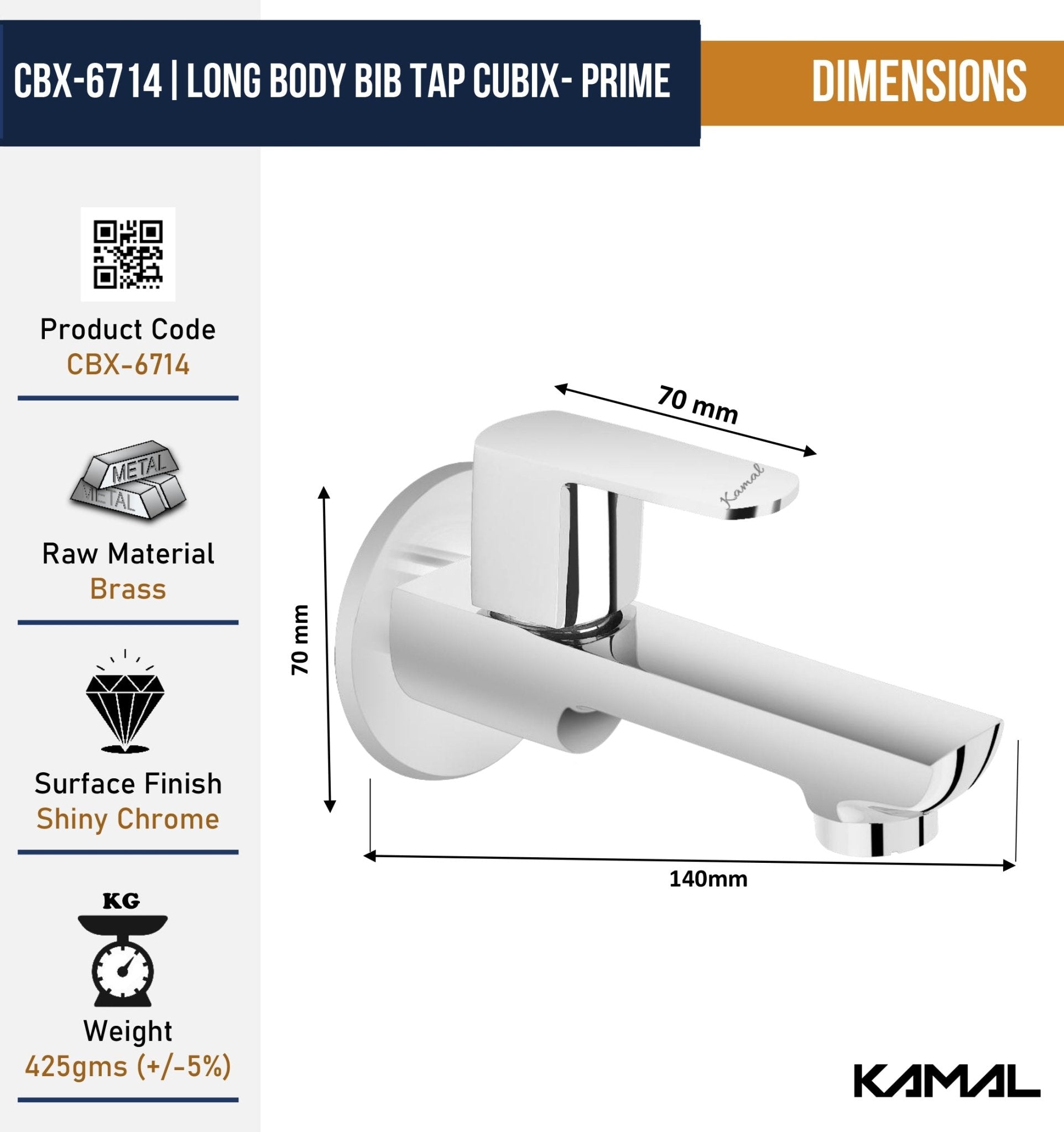 Cubix Prime Long Body Bib Tap (Full Brass) - by Kamal - Kamal Bathware