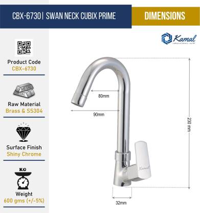 Cubix Prime Swan Neck (Full Brass) - by Kamal - Cubix Prime - Kamal Bathware