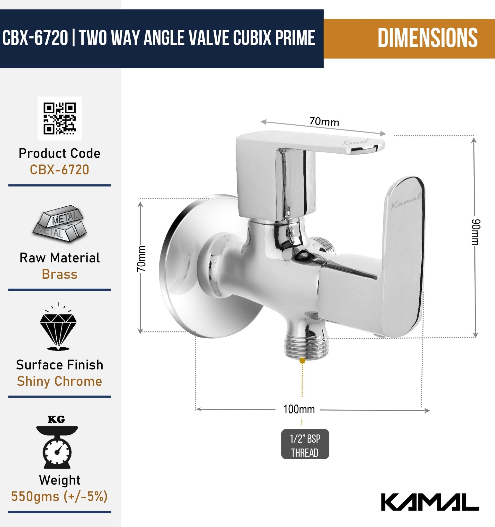 Cubix Prime Two in One Angle Valve (Full Brass) - by Kamal - Kamal Bathware