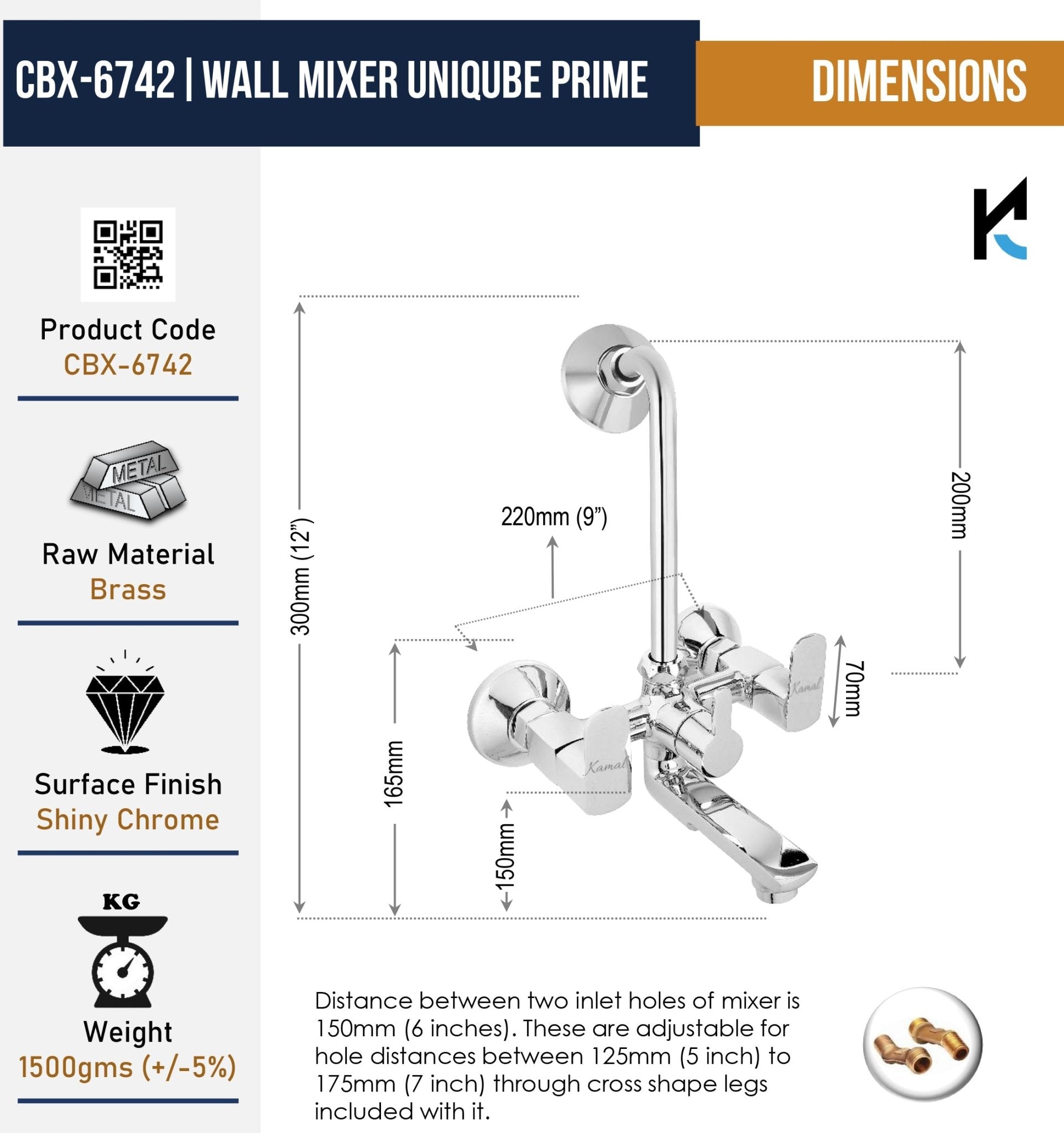 Cubix Prime Wall Mixer with L Bend Pipe (Full Brass) - by Kamal - Cubix Prime - Kamal Bathware