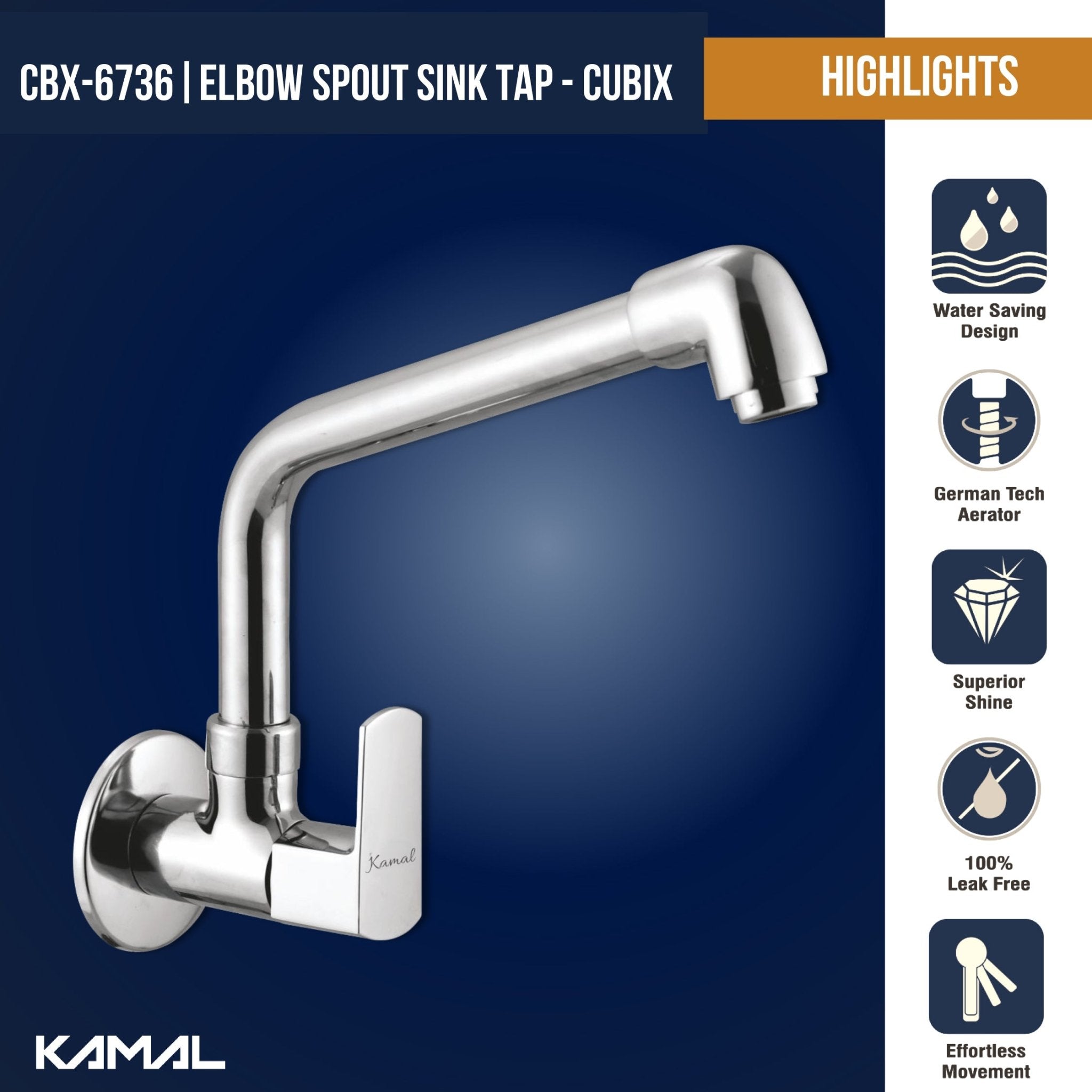 Cubix Sink Tap Elbow Spout (Full Brass) - by Kamal - Cubix - Kamal Bathware