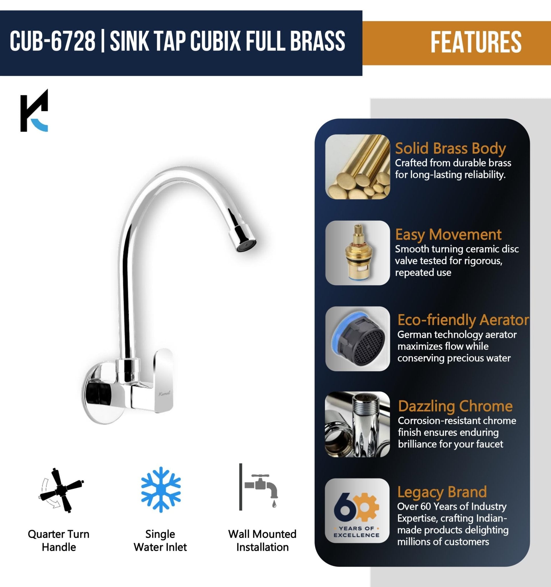 Cubix Sink Tap (Full Brass) - by Kamal - Cubix Prime - Kamal Bathware