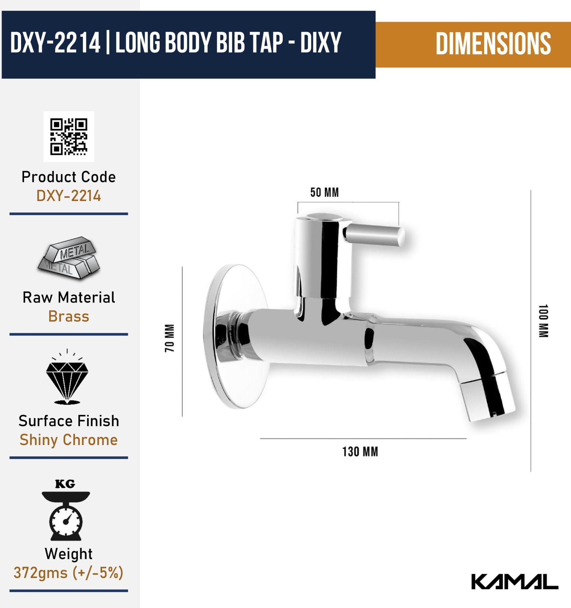 Dixy Long Body Bib Tap with Wall Flange (Full Brass) - by Kamal - Kamal Bathware
