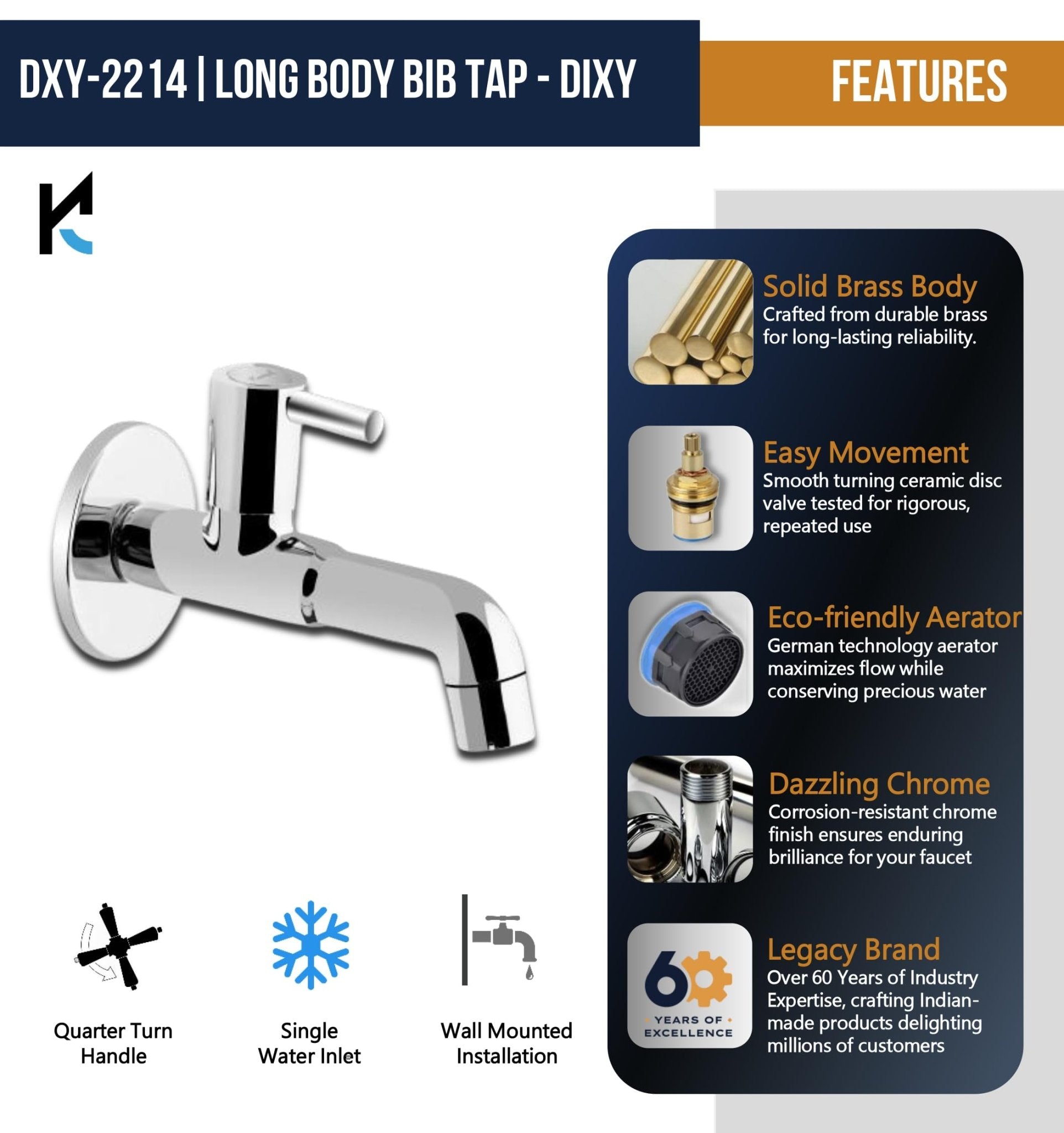 Dixy Long Body Bib Tap with Wall Flange (Full Brass) - by Kamal - Kamal Bathware