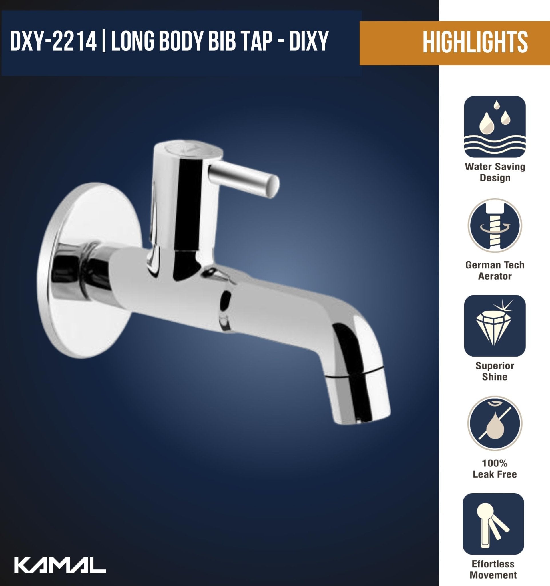 Dixy Long Body Bib Tap with Wall Flange (Full Brass) - by Kamal - Kamal Bathware