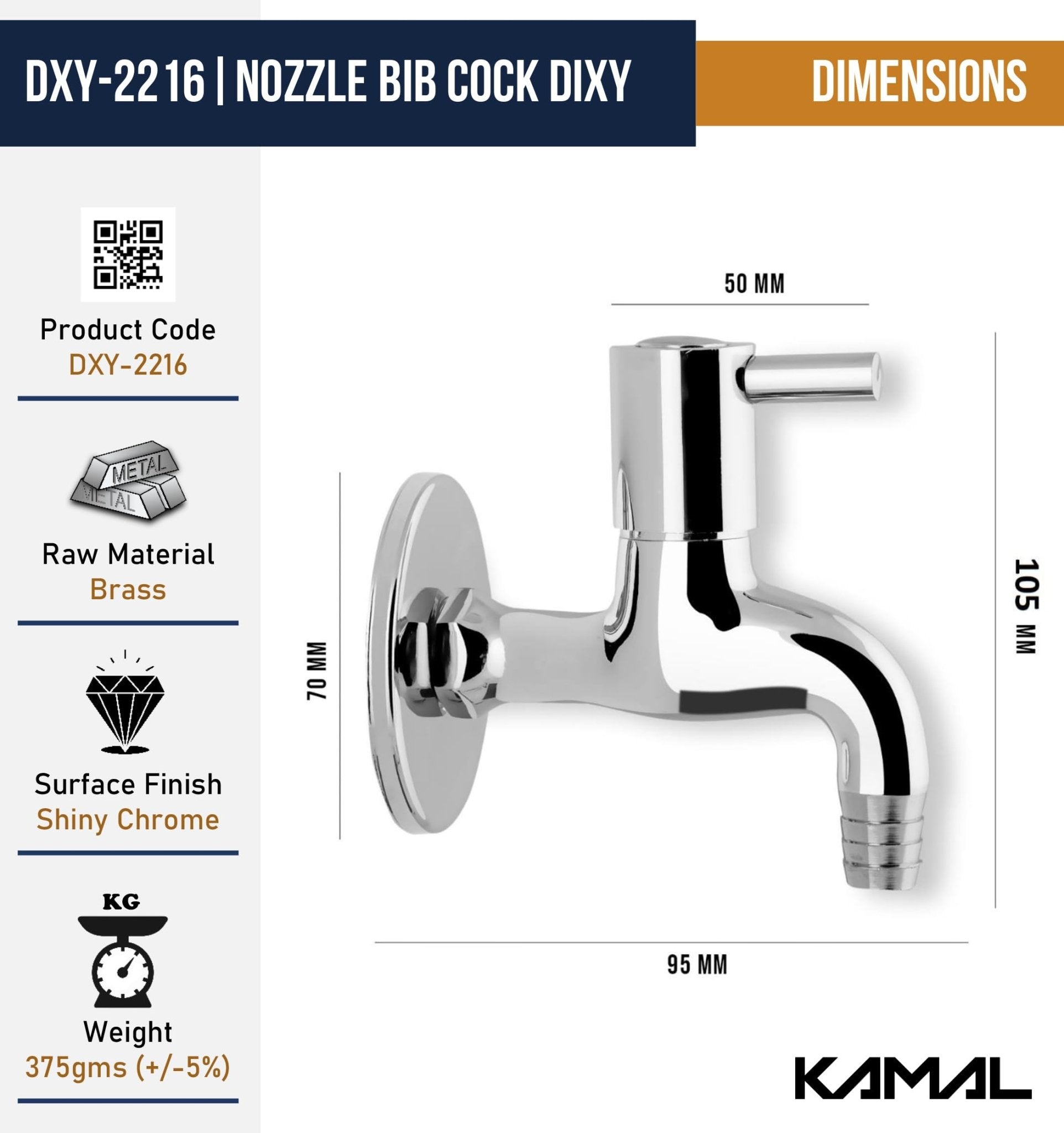 Dixy Nozzle Bib Tap with Wall Flange (Full Brass) - by Kamal - Dixy - Kamal Bathware