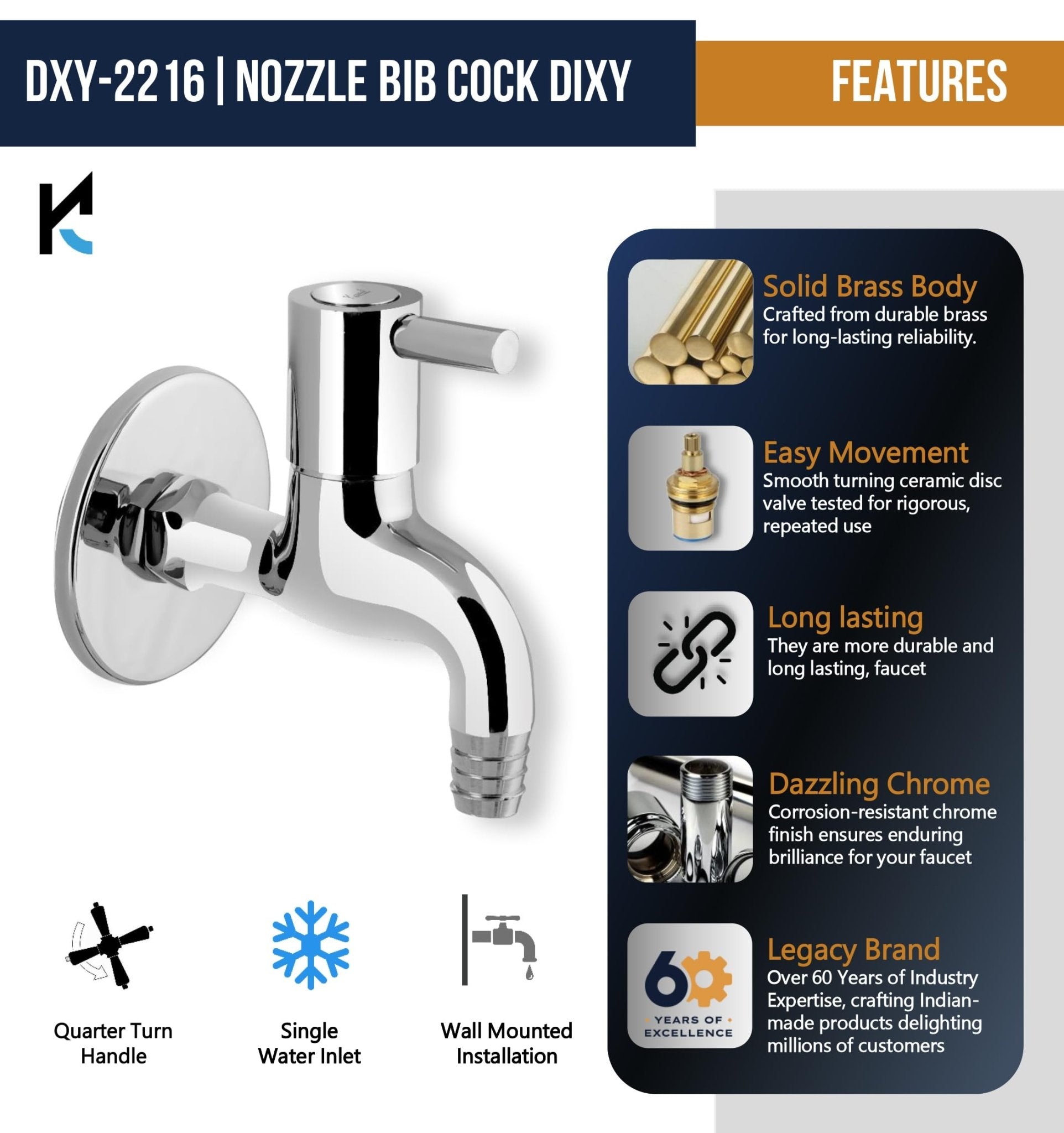 Dixy Nozzle Bib Tap with Wall Flange (Full Brass) - by Kamal - Dixy - Kamal Bathware