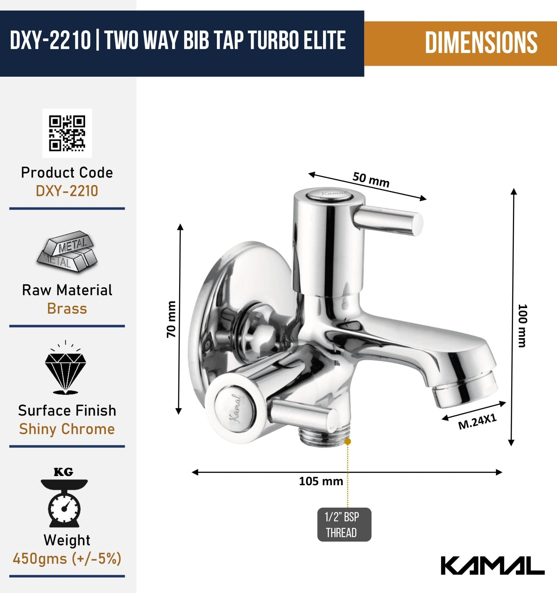 Dixy Two Way Bib Tap (Full Brass) - by Kamal - Dixy - Kamal Bathware