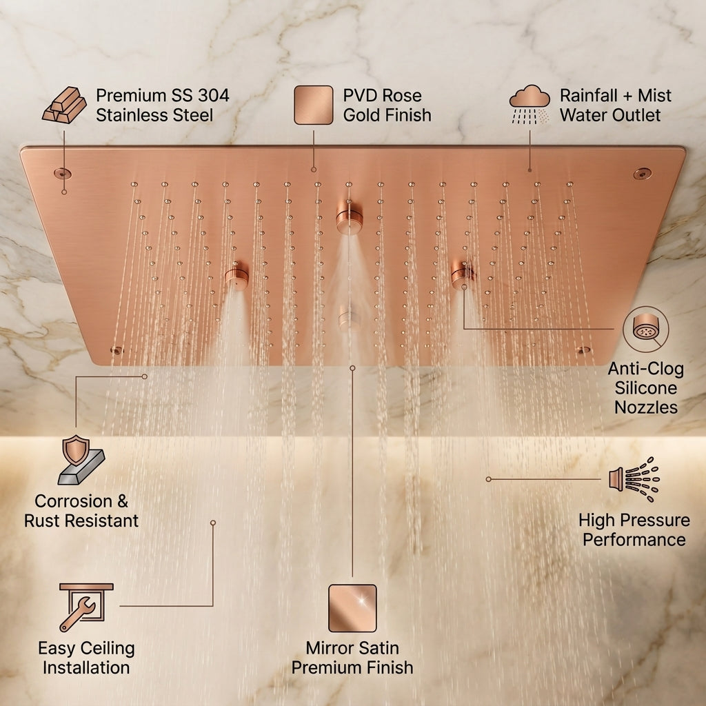 KAMAL 19 × 13 Inch Luxury Ceiling Mounted Rain Shower | SS 304 | Rain + Mist | PVD Rose Gold