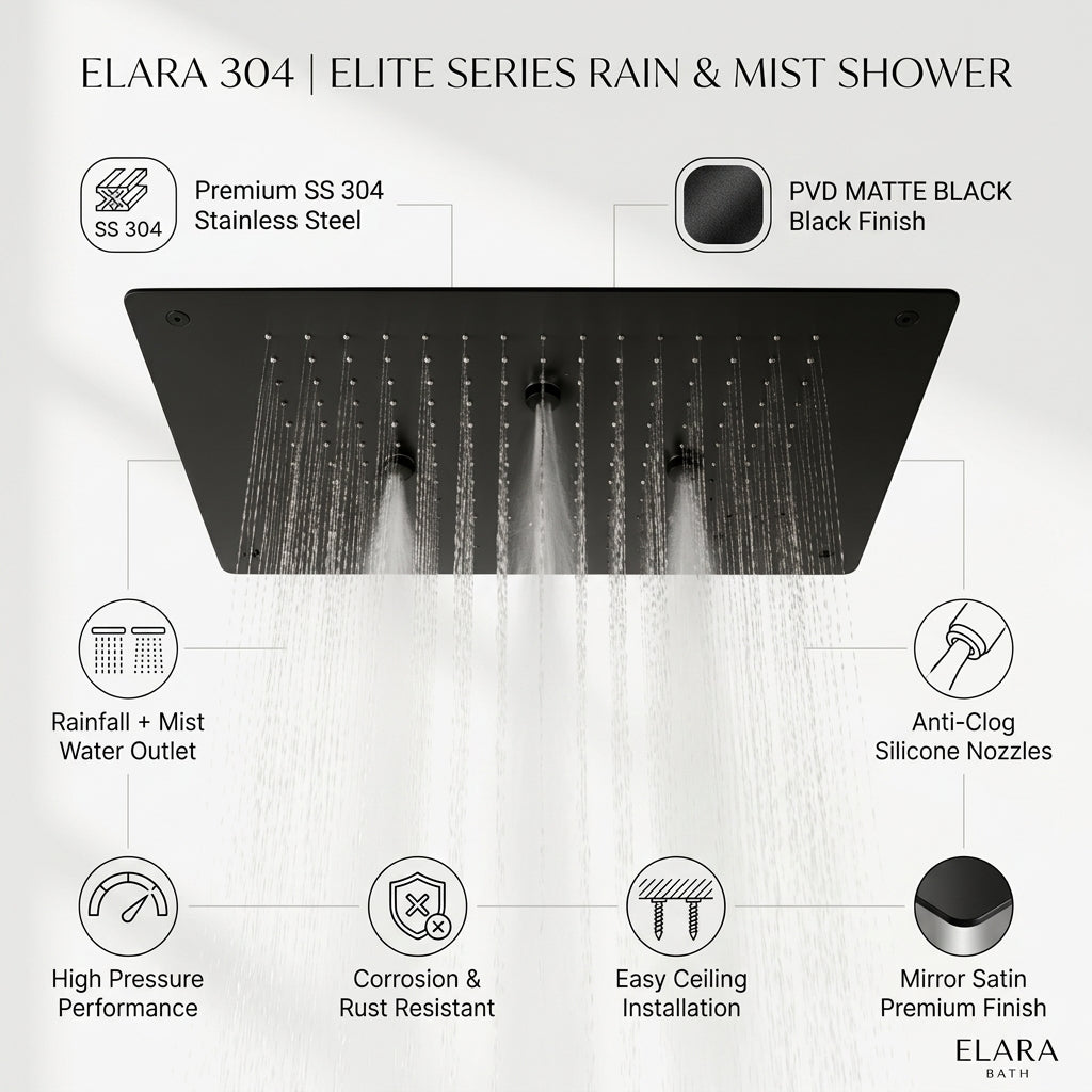 KAMAL 19 × 13 Inch Luxury Ceiling Mounted Shower | SS 304 | Rain + Mist Matte Black