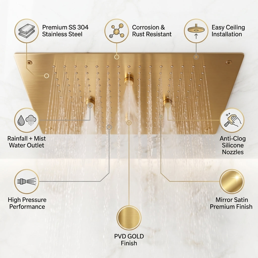 KAMAL 19 × 13 Inch Luxury Ceiling Mounted Shower | SS 304 | Rain + Mist PVD Bright Gold