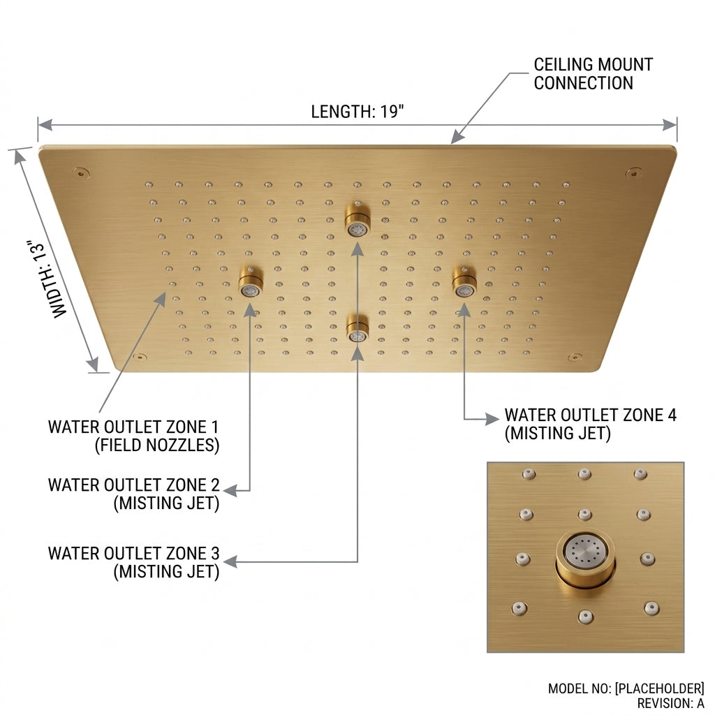 KAMAL 19 × 13 Inch Luxury Ceiling Mounted Shower | SS 304 | Rain + Mist PVD Bright Gold