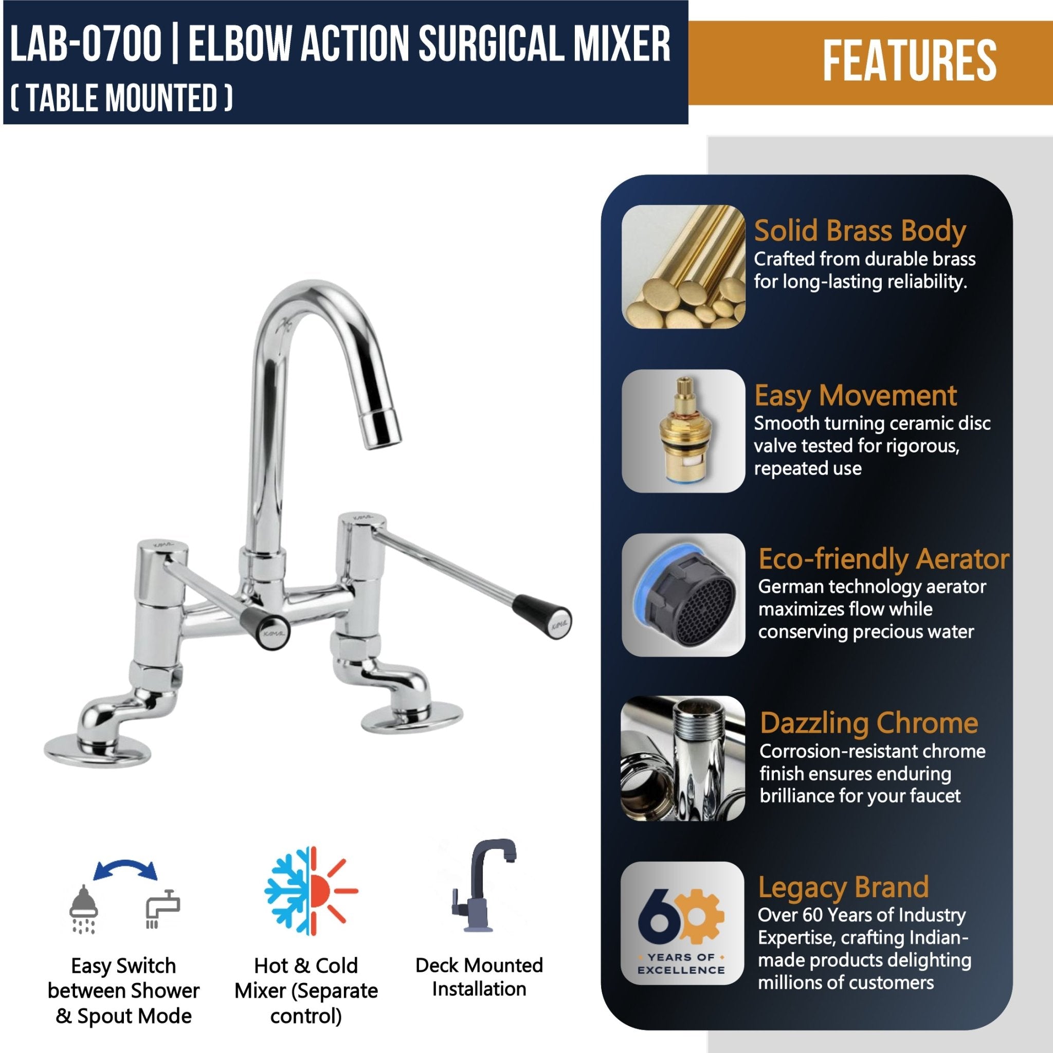 Elbow Action Surgical Faucet Mixer (Full Brass) - by kamal - Elbow Action - Kamal Bathware