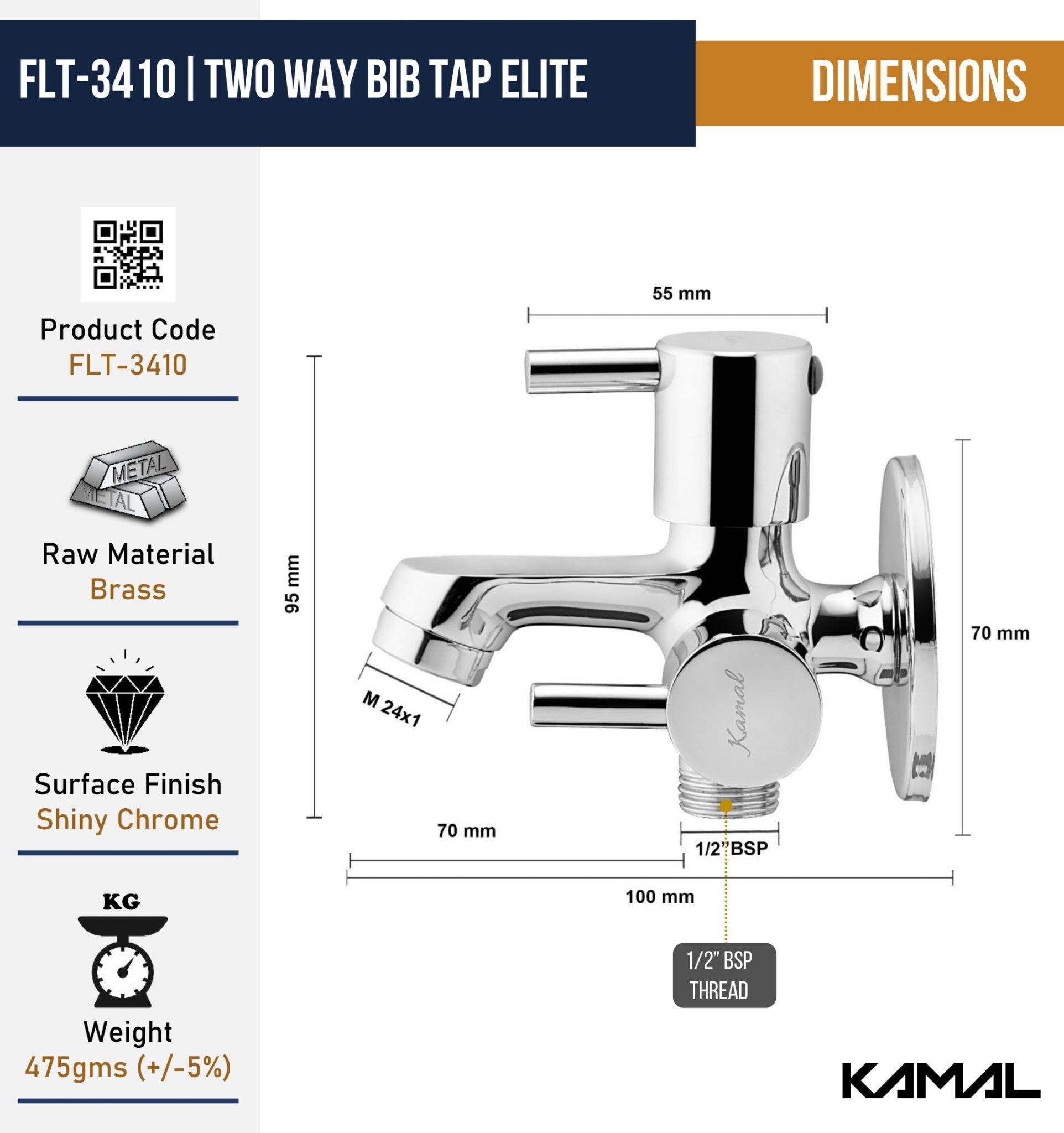 Elite Two Way Bib Tap (Full Brass) - by Kamal - Kamal Bathware
