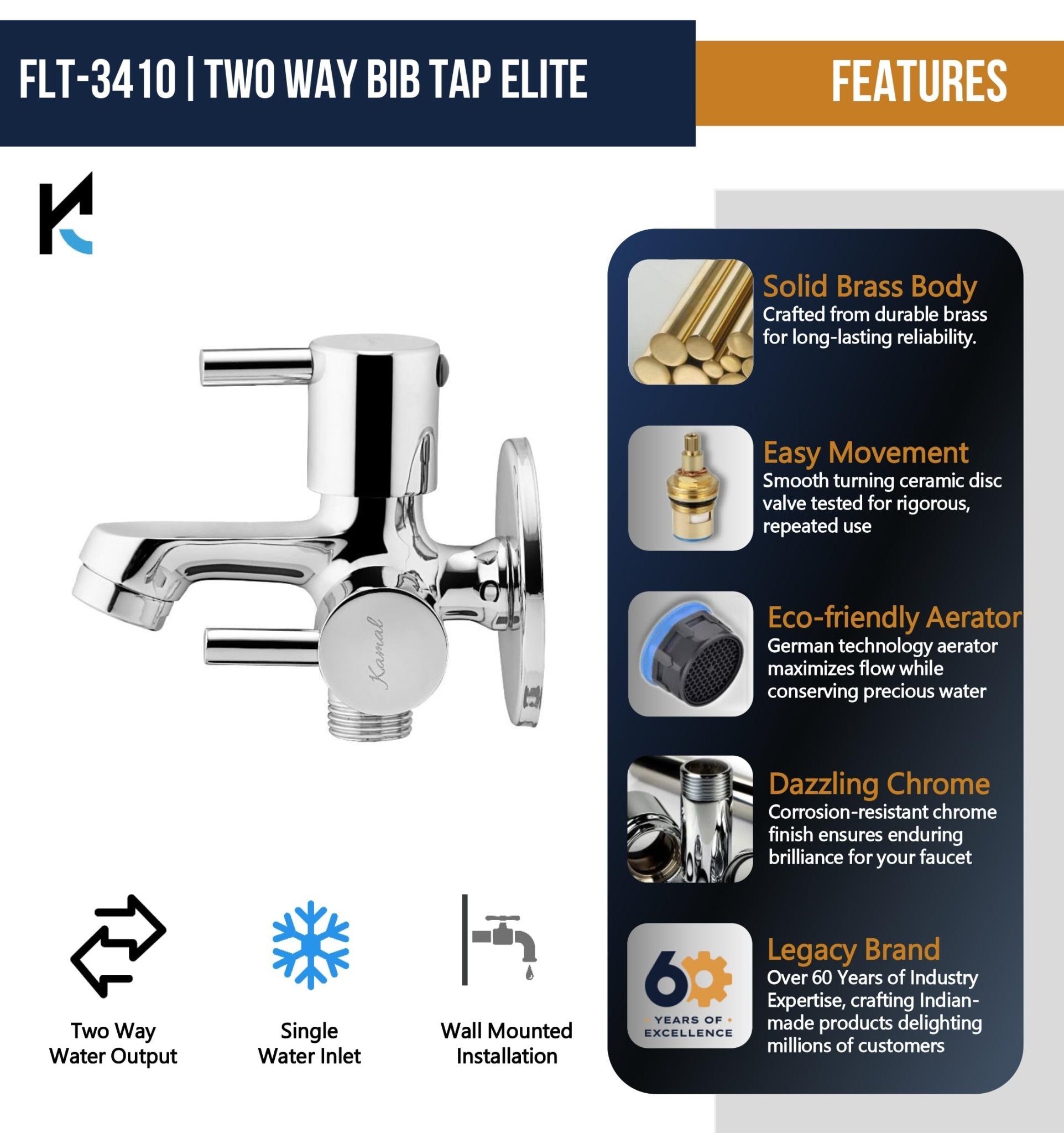 Elite Two Way Bib Tap (Full Brass) - by Kamal - Kamal Bathware