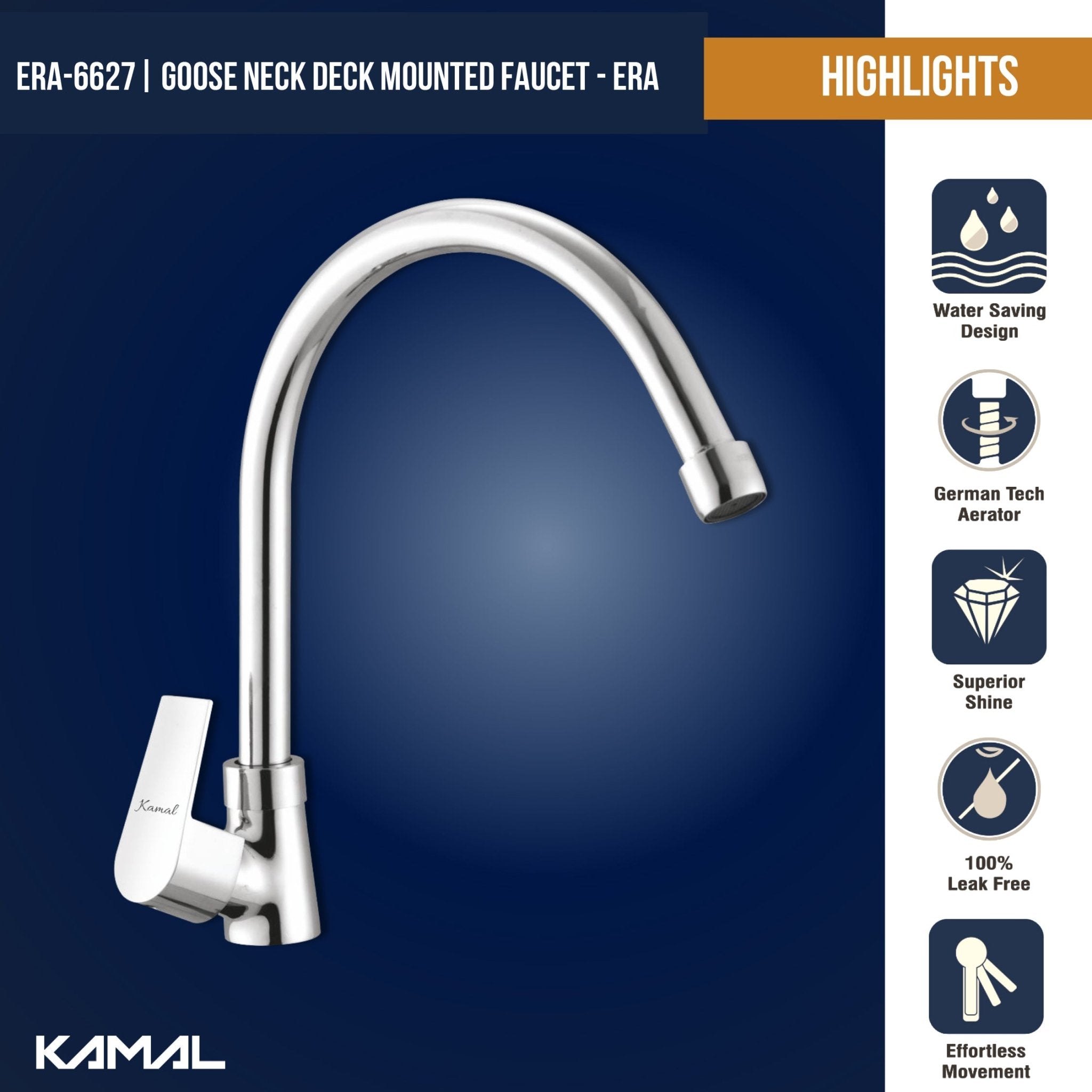 Era C - Bend Spout Gosseneck Sink Faucet (Full Brass) - by Kamal - Era - Kamal Bathware