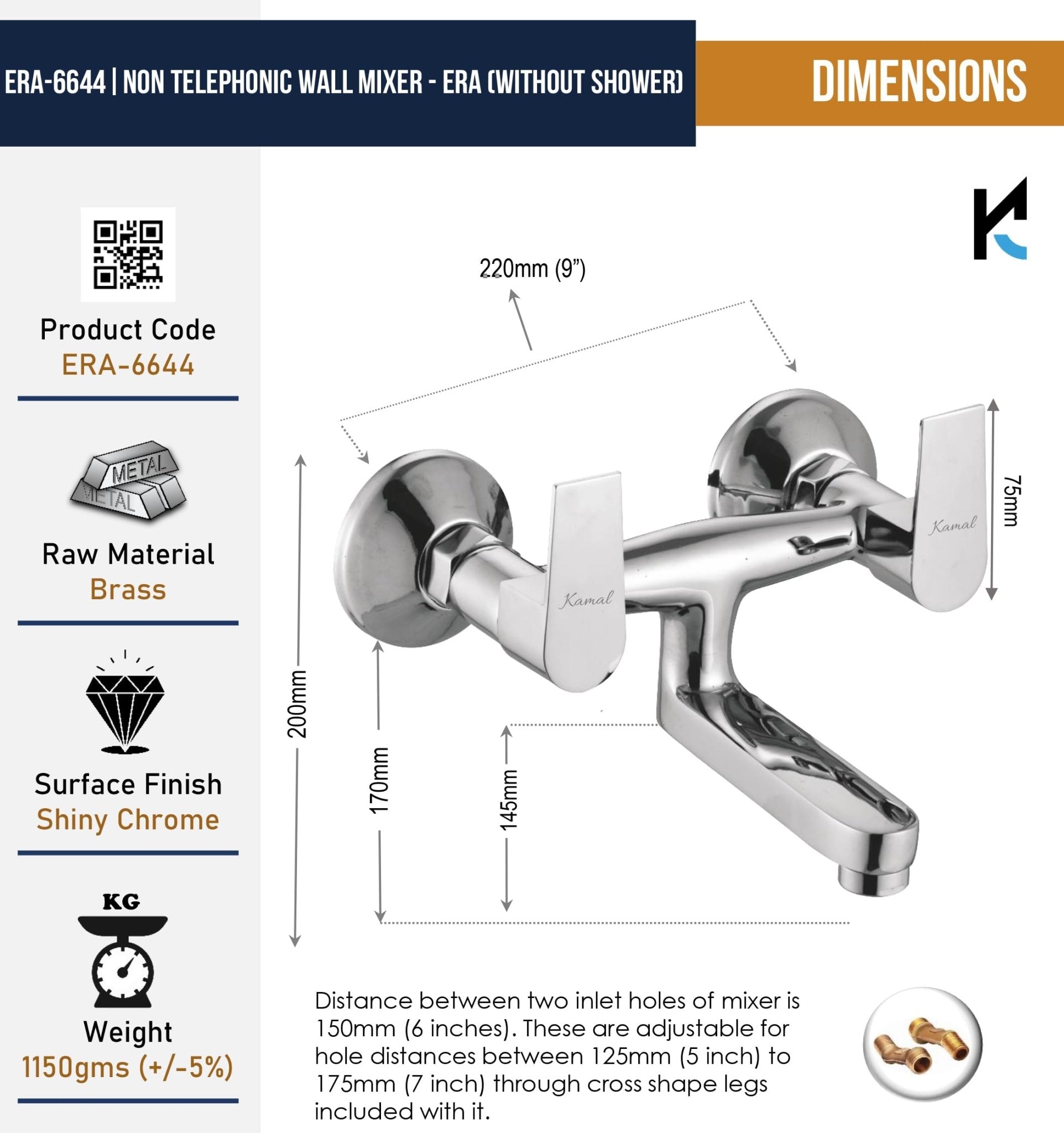 Era Non Telephonic Wall Mixer (Full Brass) - by Kamal - Era - Kamal Bathware