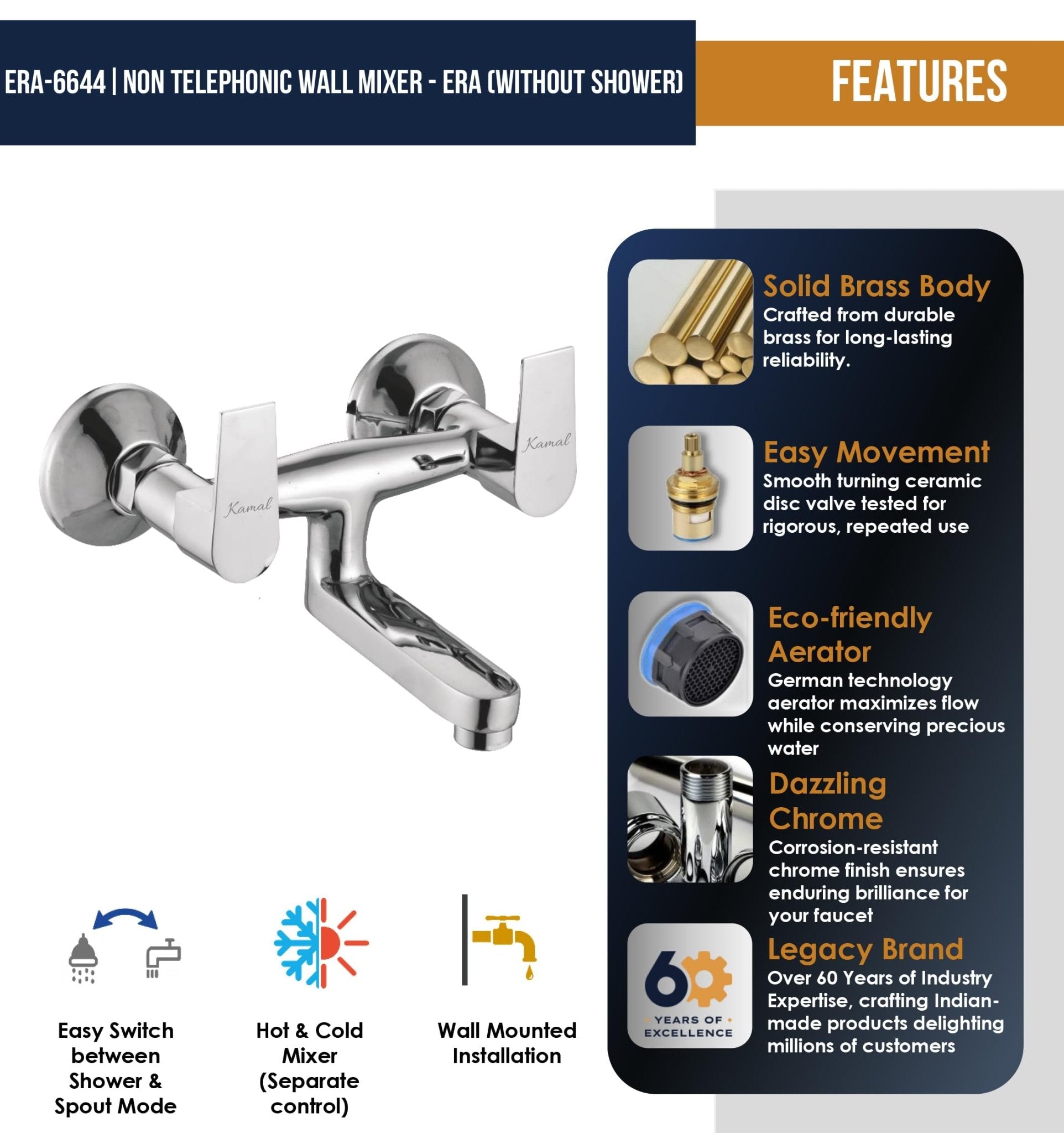 Era Non Telephonic Wall Mixer (Full Brass) - by Kamal - Era - Kamal Bathware