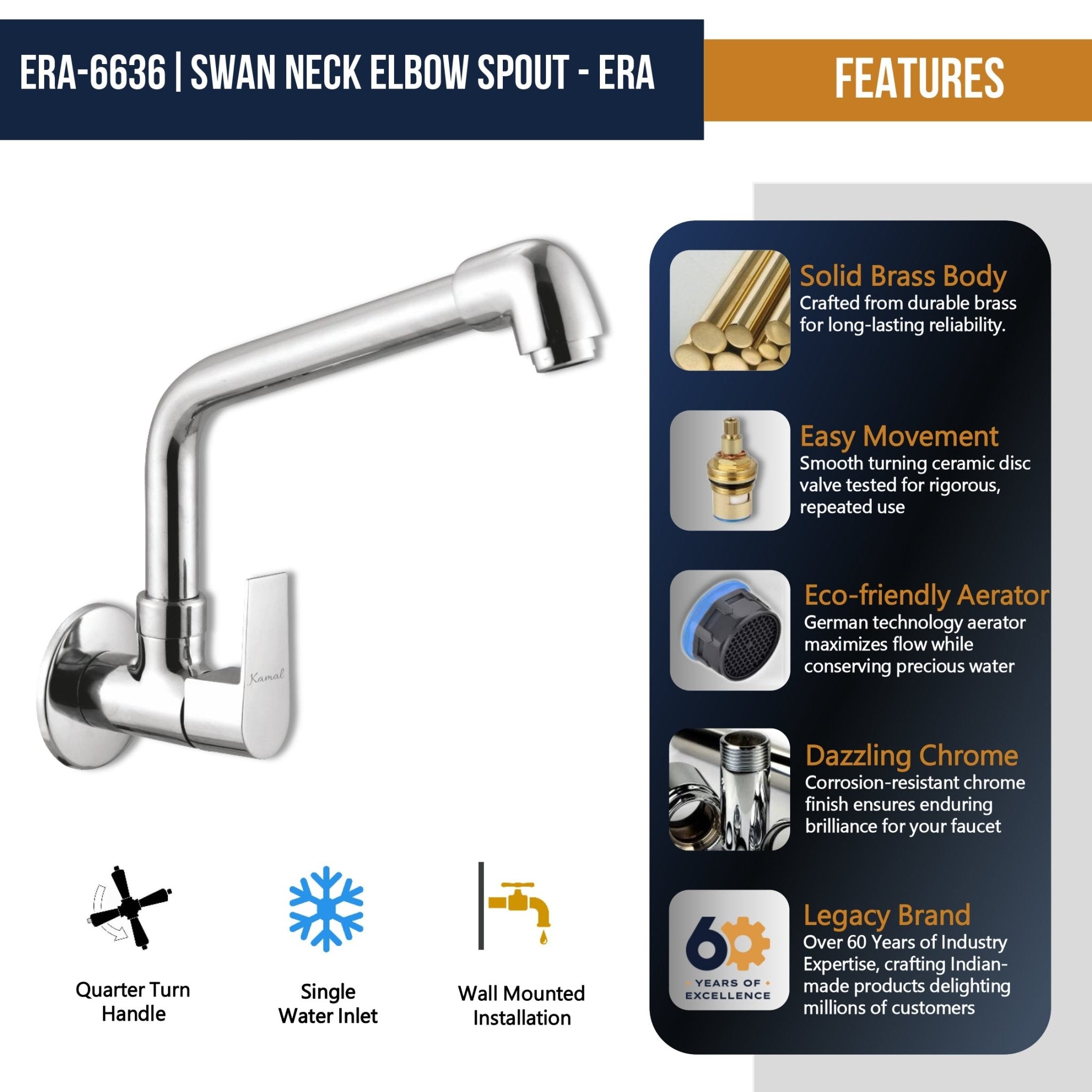 Era Sink Tap Elbow Spout (Full Brass) - by Kamal - Era - Kamal Bathware