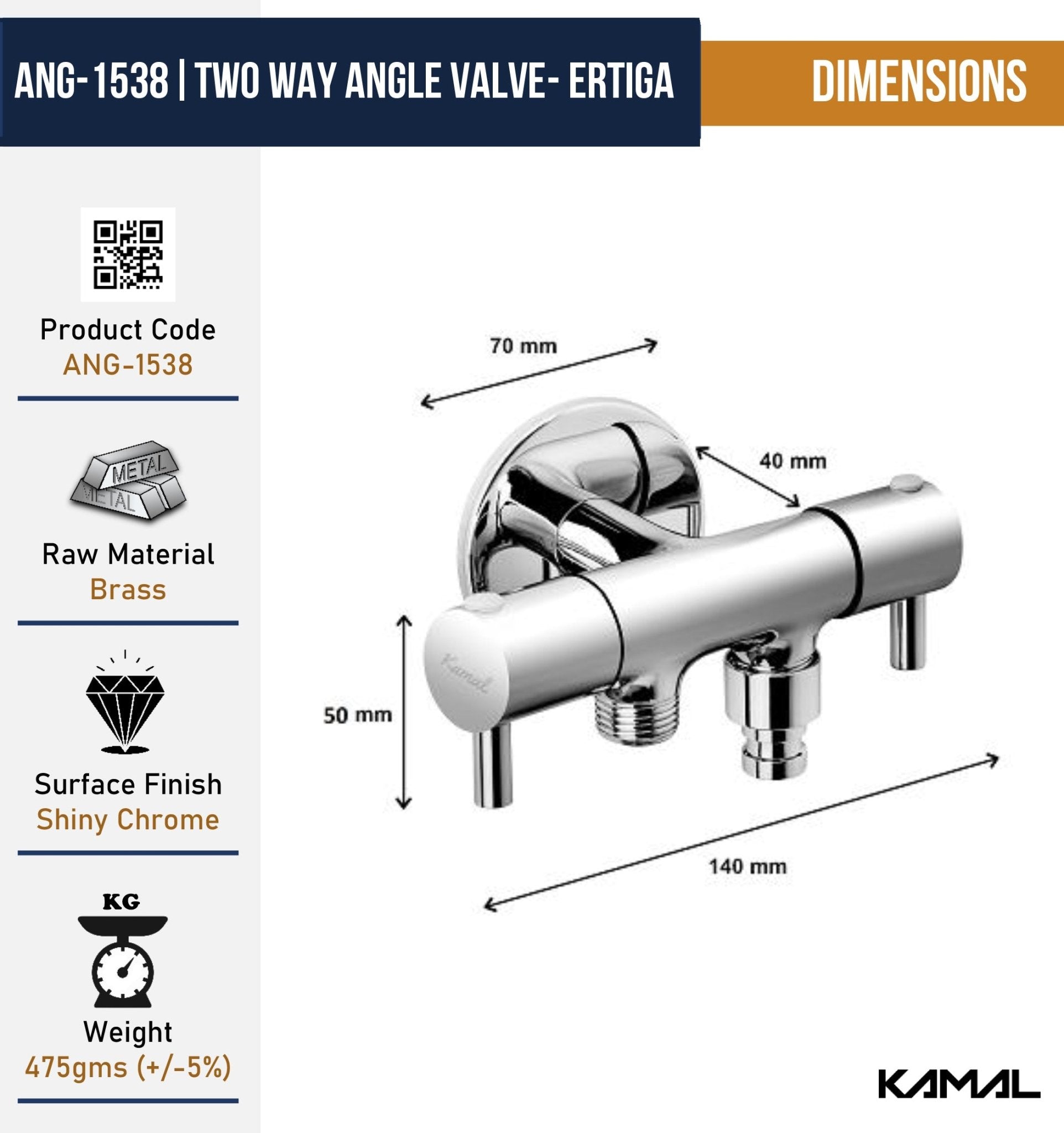 Ertiga Two Way Angle Valve (Full Brass) - by Kamal - Ertiga - Kamal Bathware